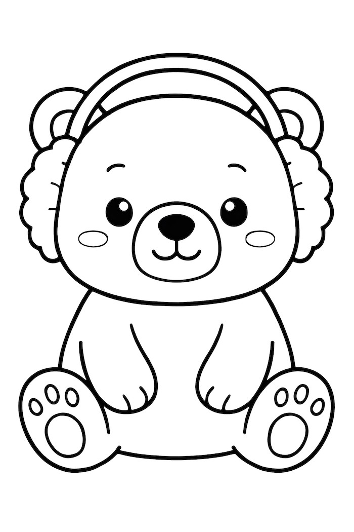 Coloring page of a kawaii polar bear wearing earmuffs and having a cheerful expression
