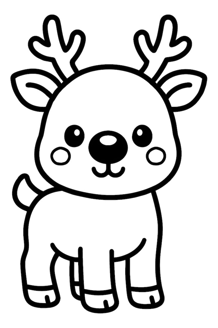 A kawaii reindeer with a large head, big eyes, and a red nose, standing with a cheerful expression.