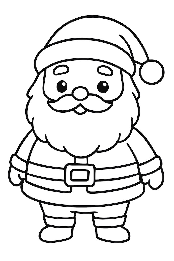 Coloring page of a kawaii Santa Claus with a big belly, round face, and fluffy beard, wearing a traditional outfit
