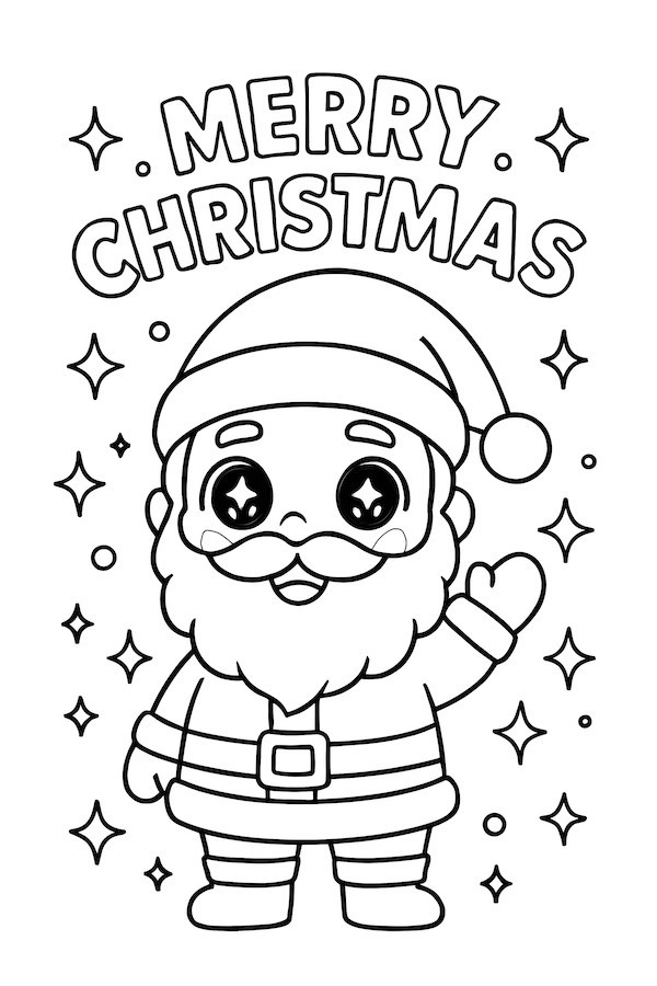 Santa Claus with kawaii eyes waving, topped with a Christmas hat and surrounded by stars, with the phrase 'Merry Christmas' above