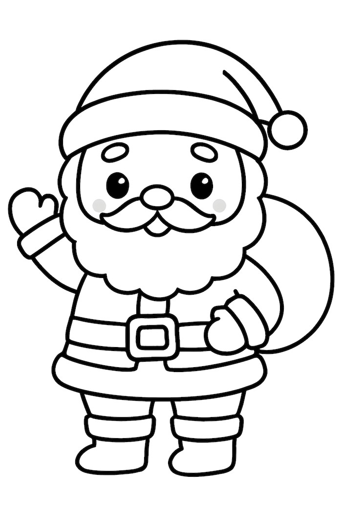 A kawaii style Santa Claus waving with a bag slung over his shoulder