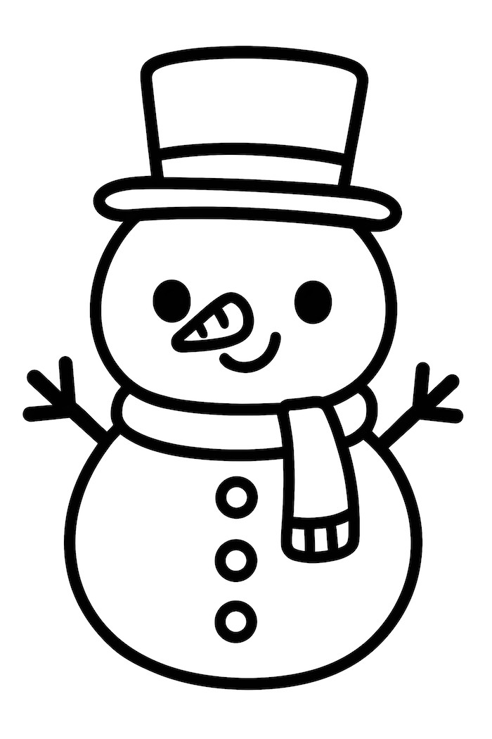 A kawaii snowman wearing a top hat, with arms made of sticks and a carrot nose, smiling and dressed in a scarf