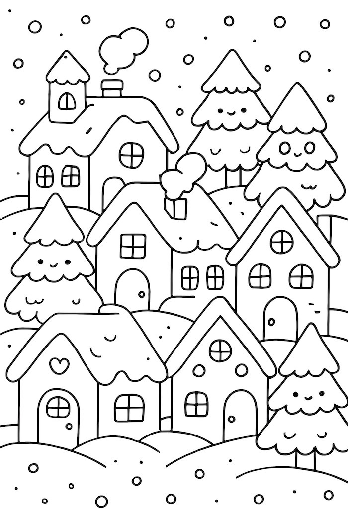 Coloring page of a snowy village scene featuring kawaii styled houses and smiling trees