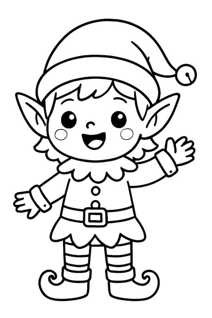 Kawaii style elf with a big smile, wearing a pointed hat, striped socks, and an outfit with an ornate collar