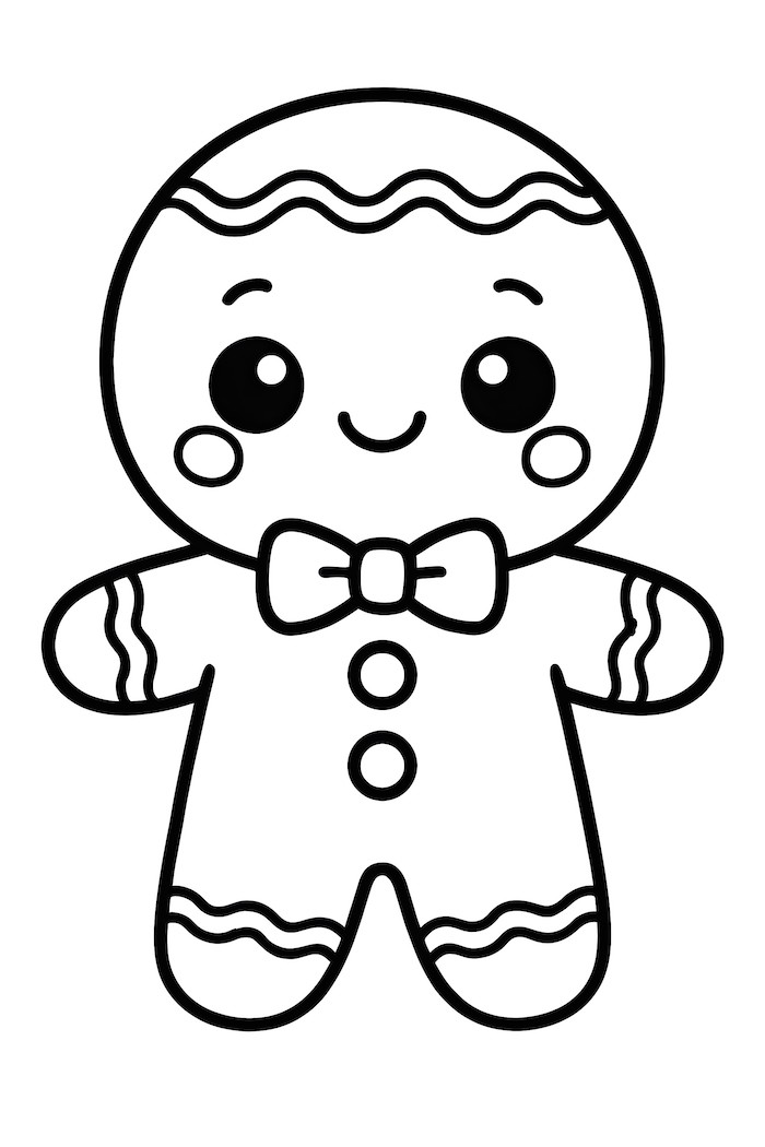 Coloring page of a kawaii-style gingerbread man featuring a bow tie, smiling face, and decorative icing details