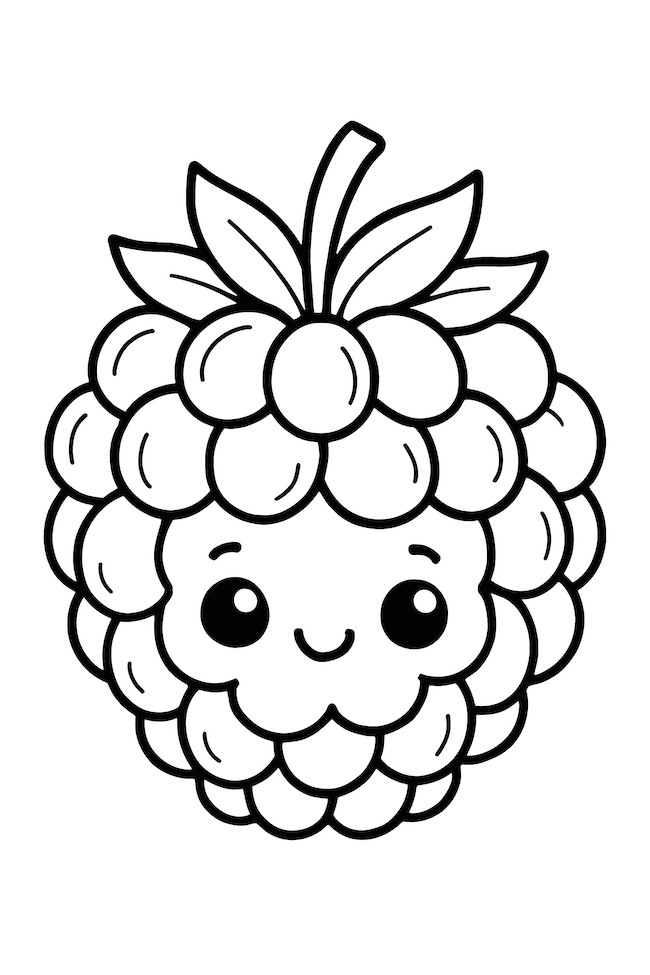 Coloring page of a cute kawaii style blackberry with a smiling face and leaves