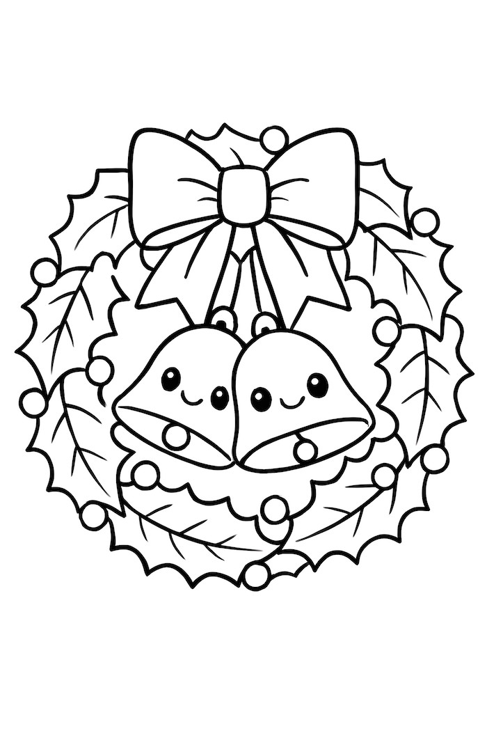 A kawaii wreath adorned with a bow, holly leaves, and smiling bells