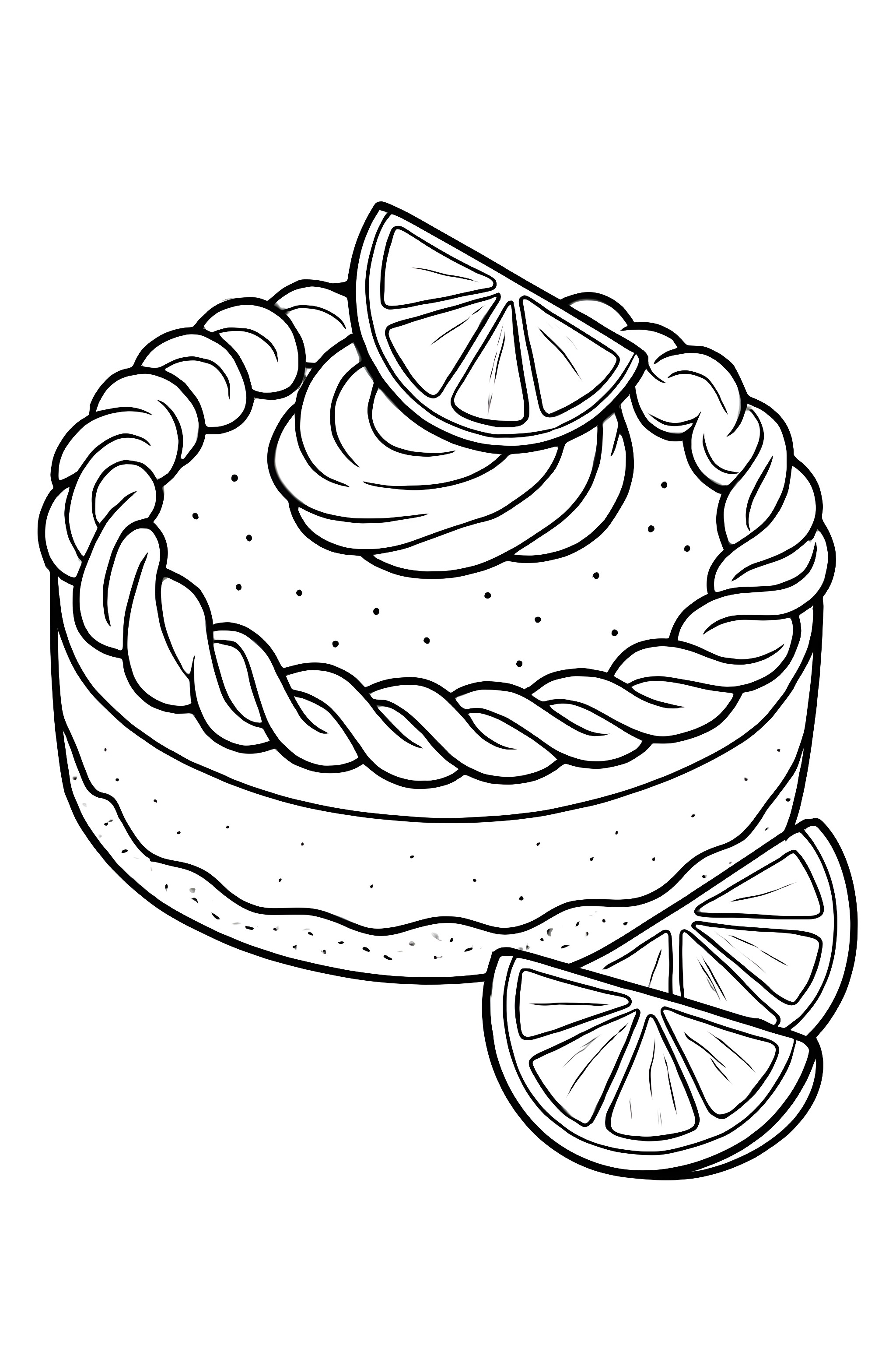Coloring page of a key lime pie topped with swirls and lime slices, alongside additional lime slices on a plate.