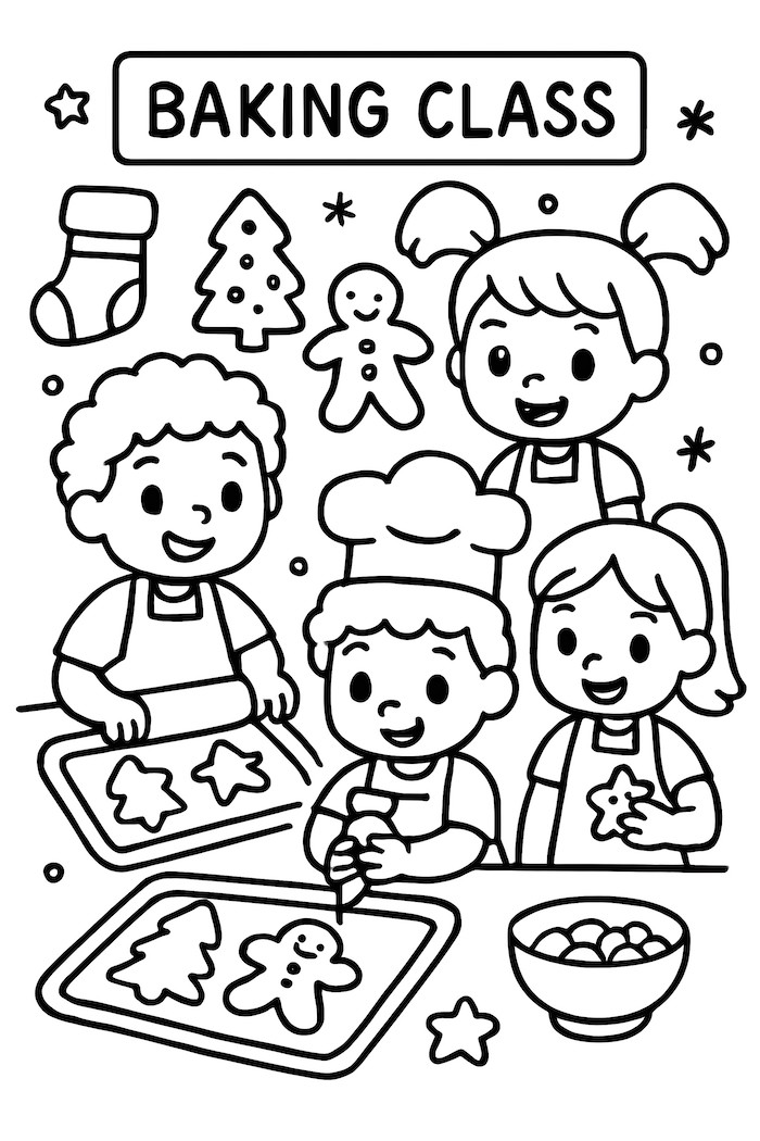 Coloring page featuring children in a baking class making Christmas cookie designs including gingerbread men and Christmas trees