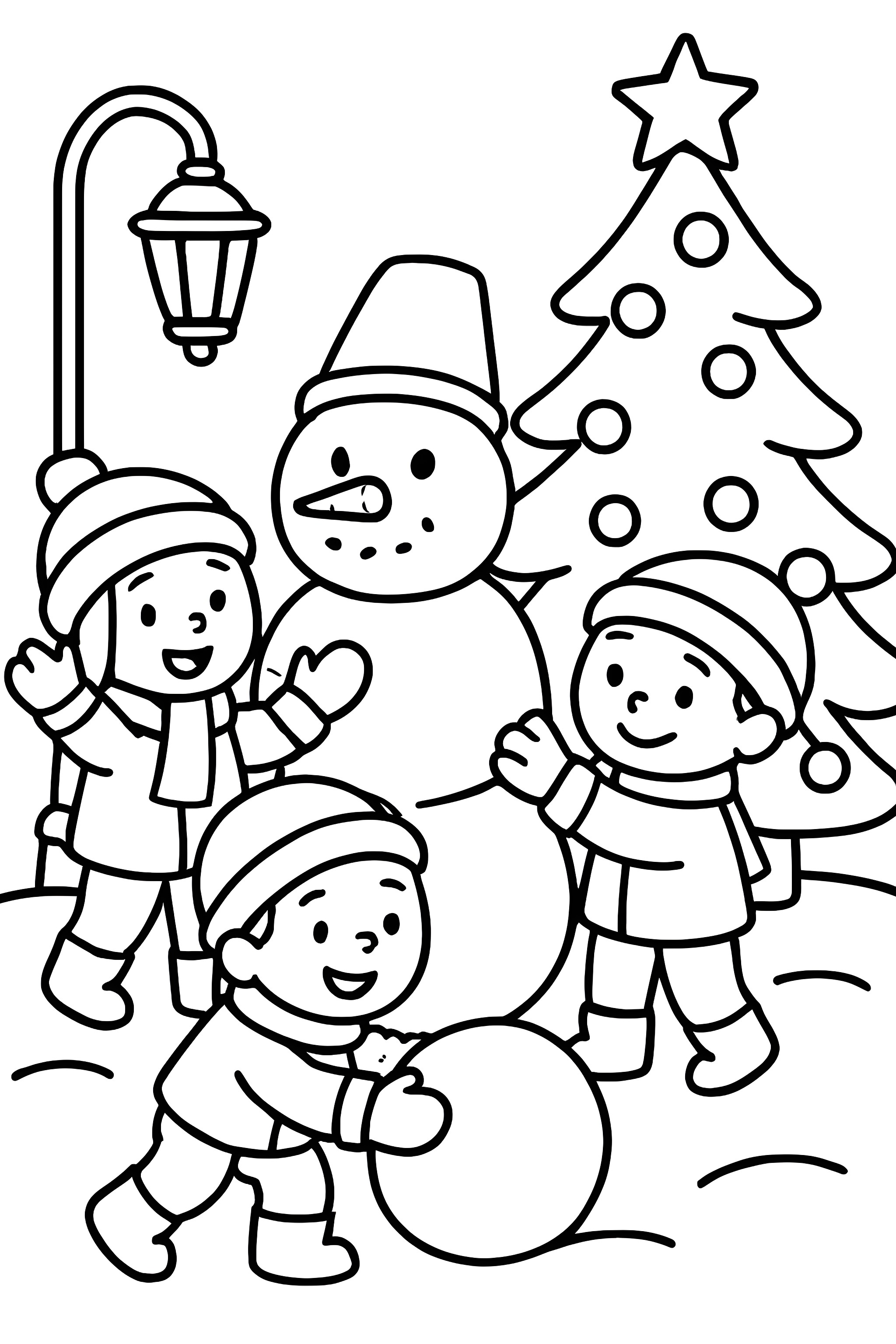 Children constructing a snowman near a street lamp and a decorated Christmas tree