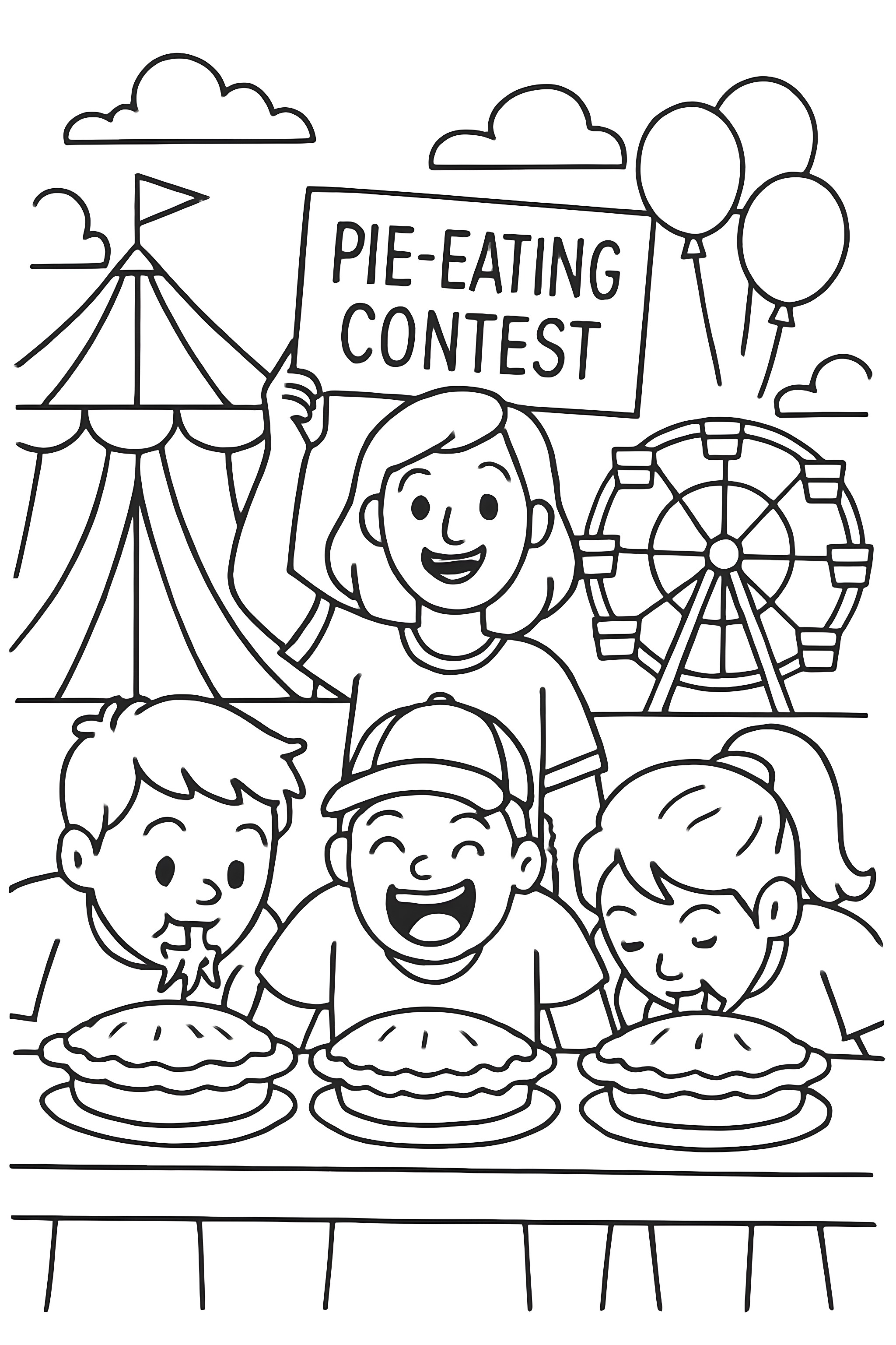Coloring page depicting children participating in a pie-eating contest at a fair, featuring a sign and a ferris wheel in the background