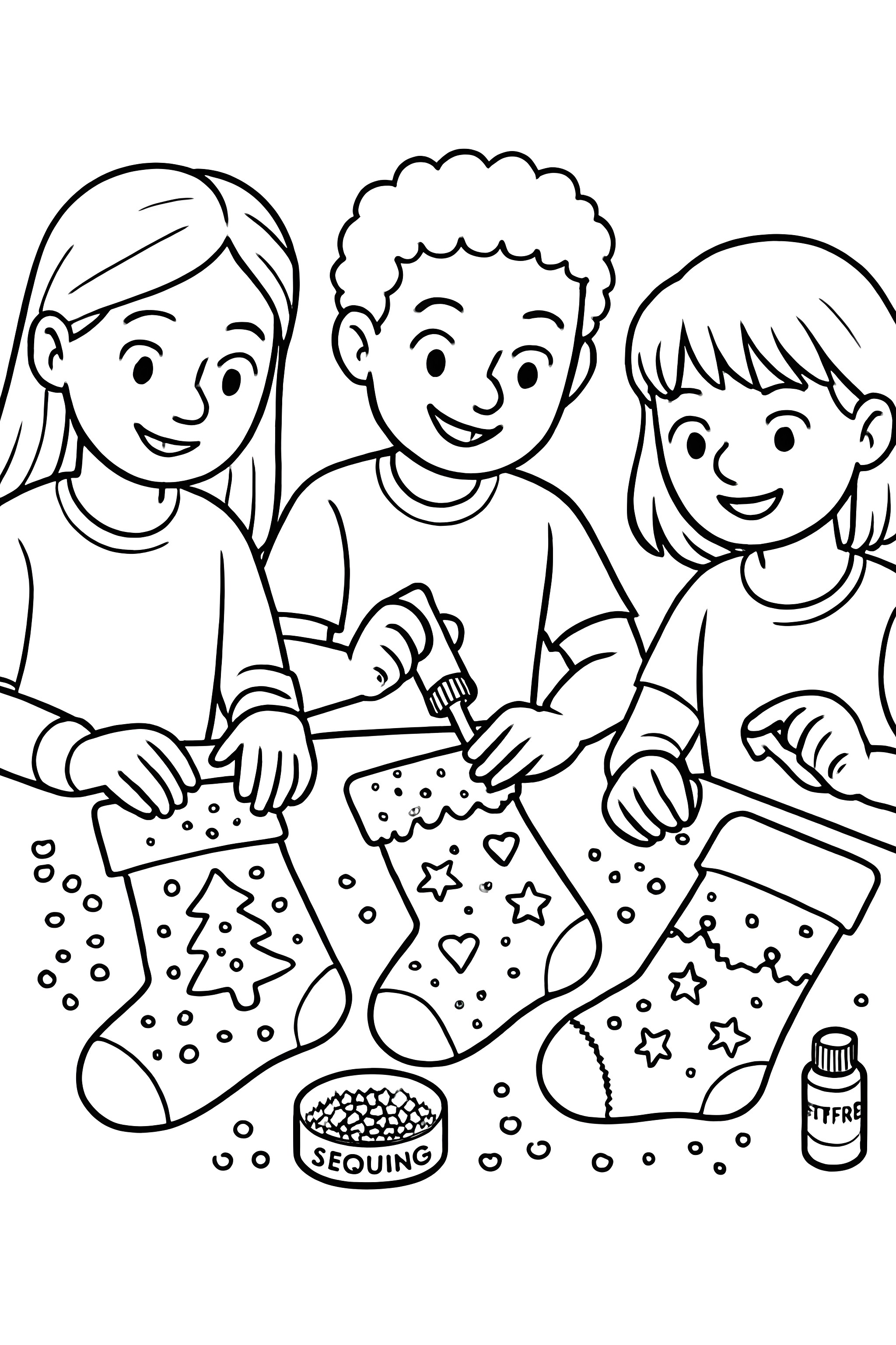Coloring page of three children decorating Christmas stockings with sequins and glitter, featuring holiday shapes like trees and stars
