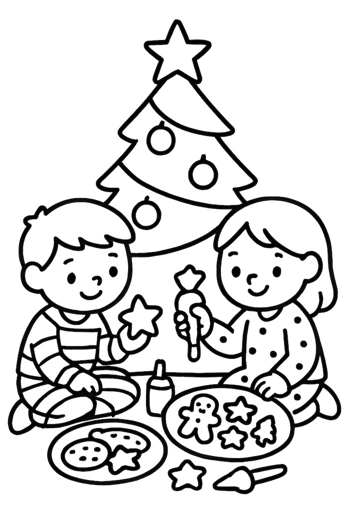 Kids in pajamas decorating cookies shaped like stars and gingerbread men near a Christmas tree with ornaments