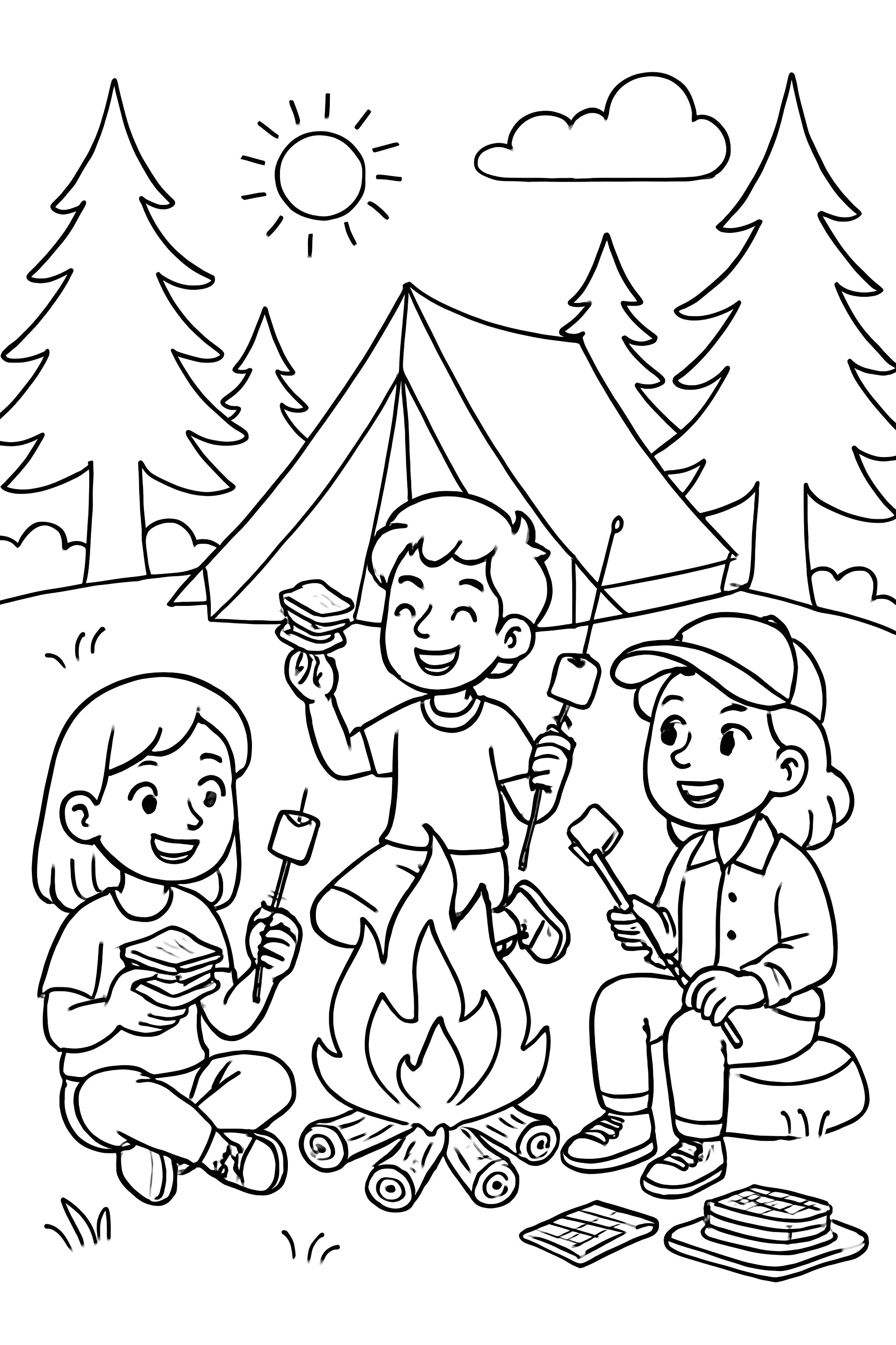 Coloring page featuring kids making brownie s'mores by a campfire with a tent in the background