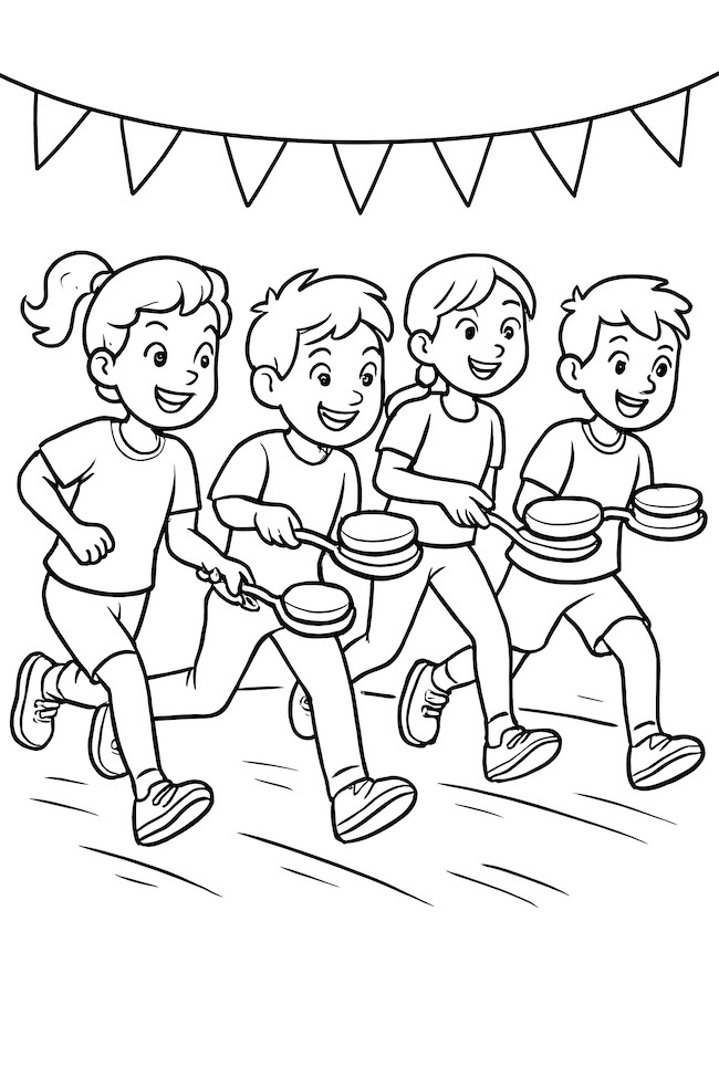 Coloring page of four kids running in a pancake race, each balancing pancakes on spoons, with a banner in the background.