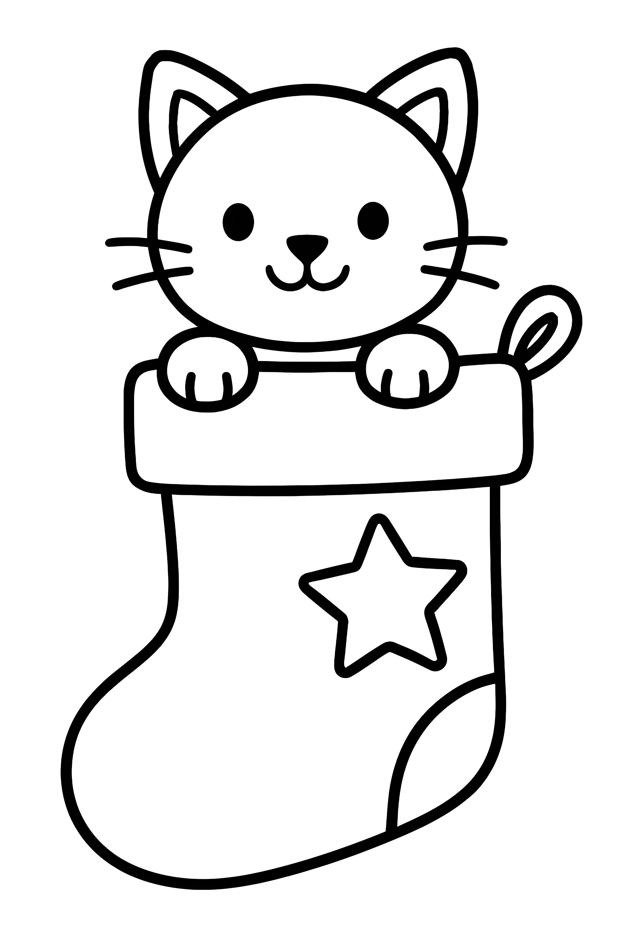 Coloring page of a happy kitten popping out of a Christmas stocking with a star design