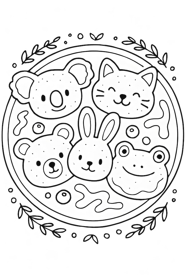 Coloring page featuring animal-shaped pancakes including a koala, cat, bunny, and frog, arranged within a circular design with decorative leaves