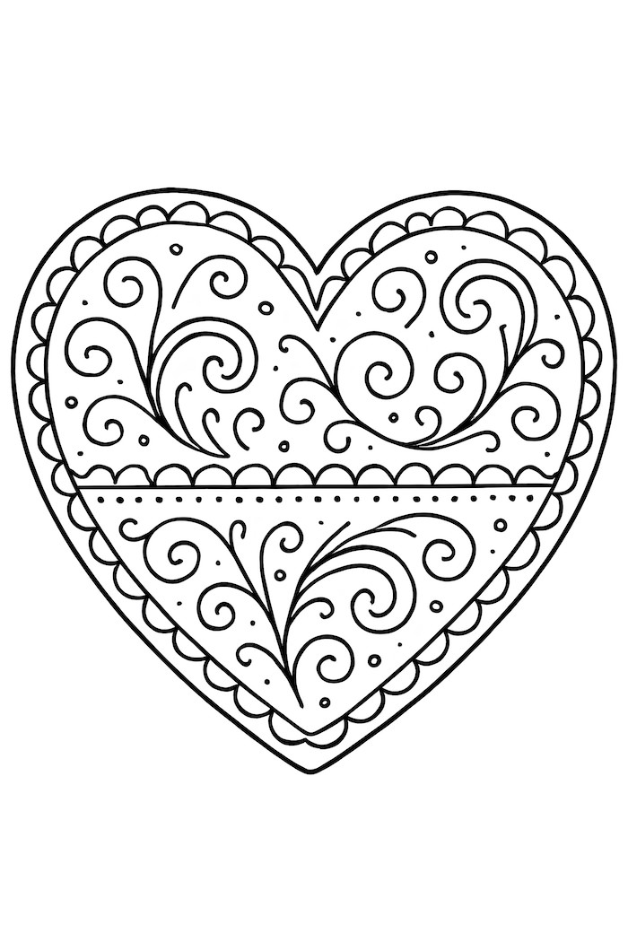 Coloring page of a gingerbread heart cookie featuring intricate lace-like icing designs