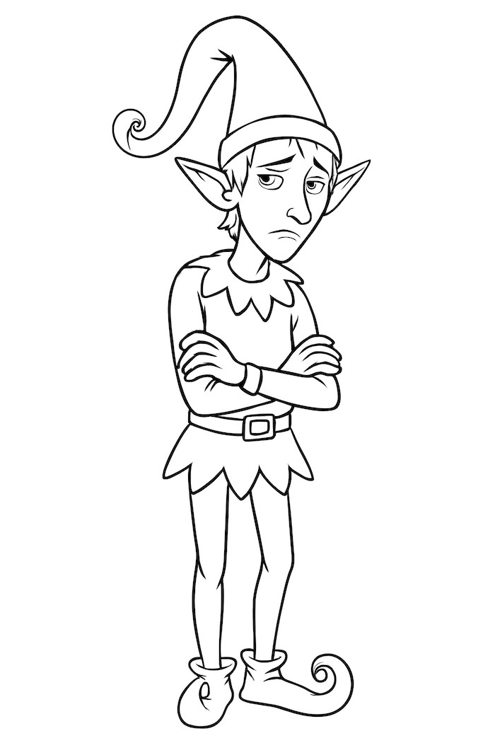 Coloring page of a lanky elf with a pensive look, long hat, and crossed arms