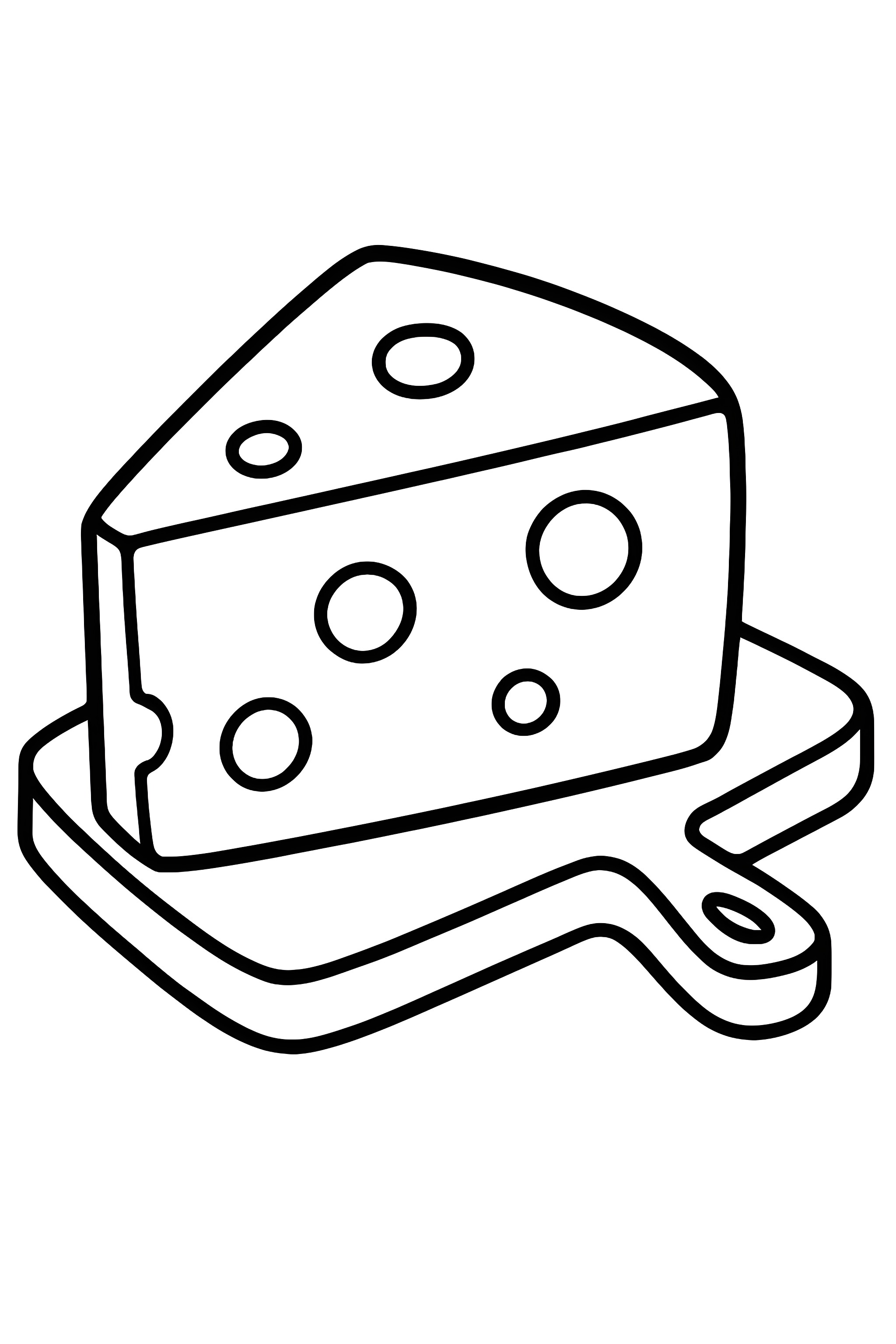 Coloring page of a sizable block of cheddar cheese with circular holes on a wooden cutting board.