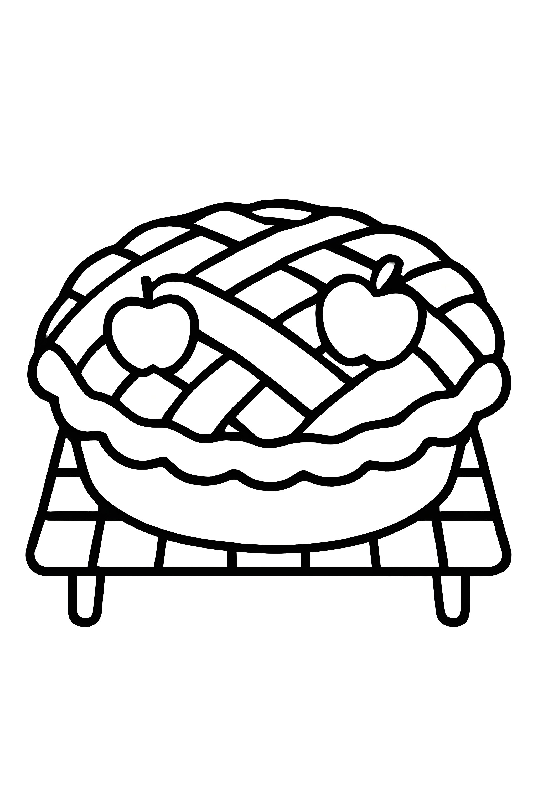 Coloring page of a freshly baked apple pie with a lattice crust and two whole apples on top, placed on a cooling rack.