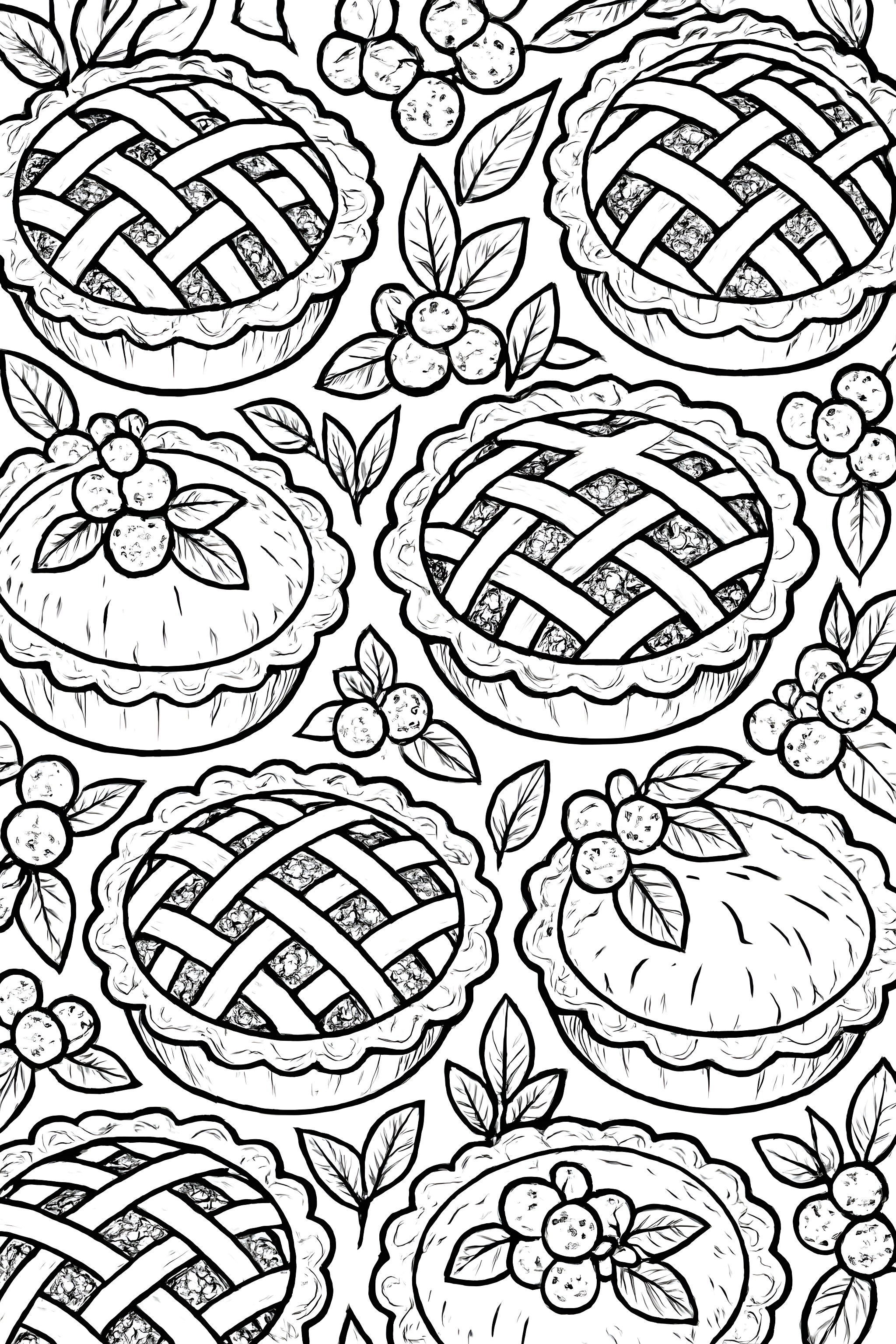 A pattern of lattice-topped fruit pies adorned with decorative blooms and leaves