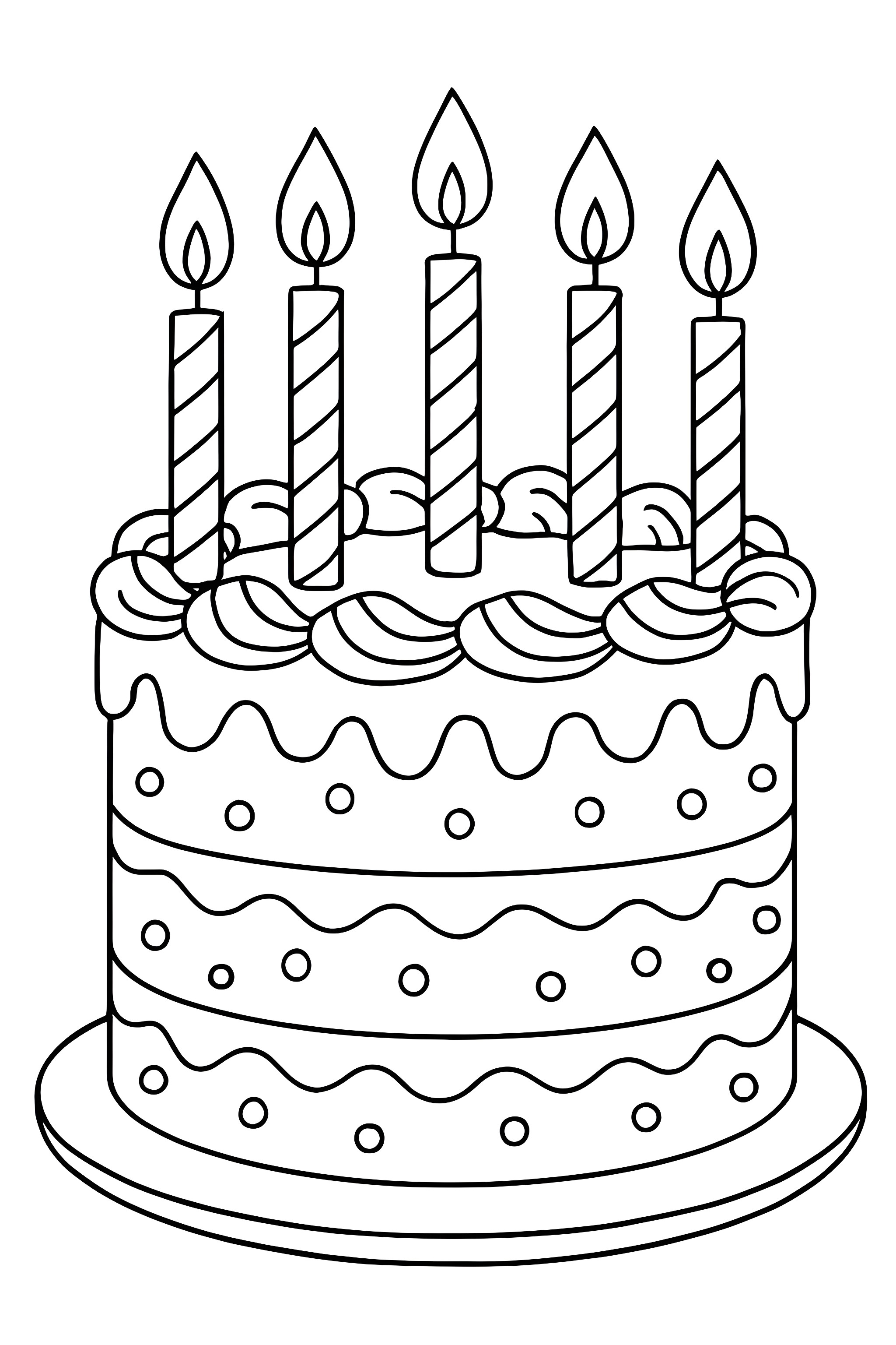Coloring page of a layered birthday cake topped with five candles and decorative icing