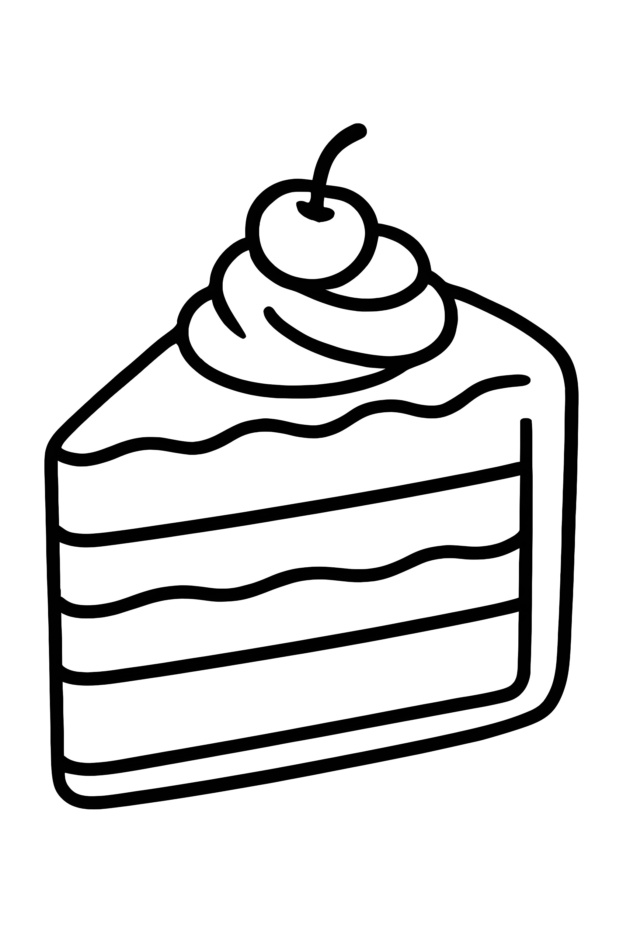 Coloring page of a slice of layered chocolate cake topped with creamy frosting and a cherry.