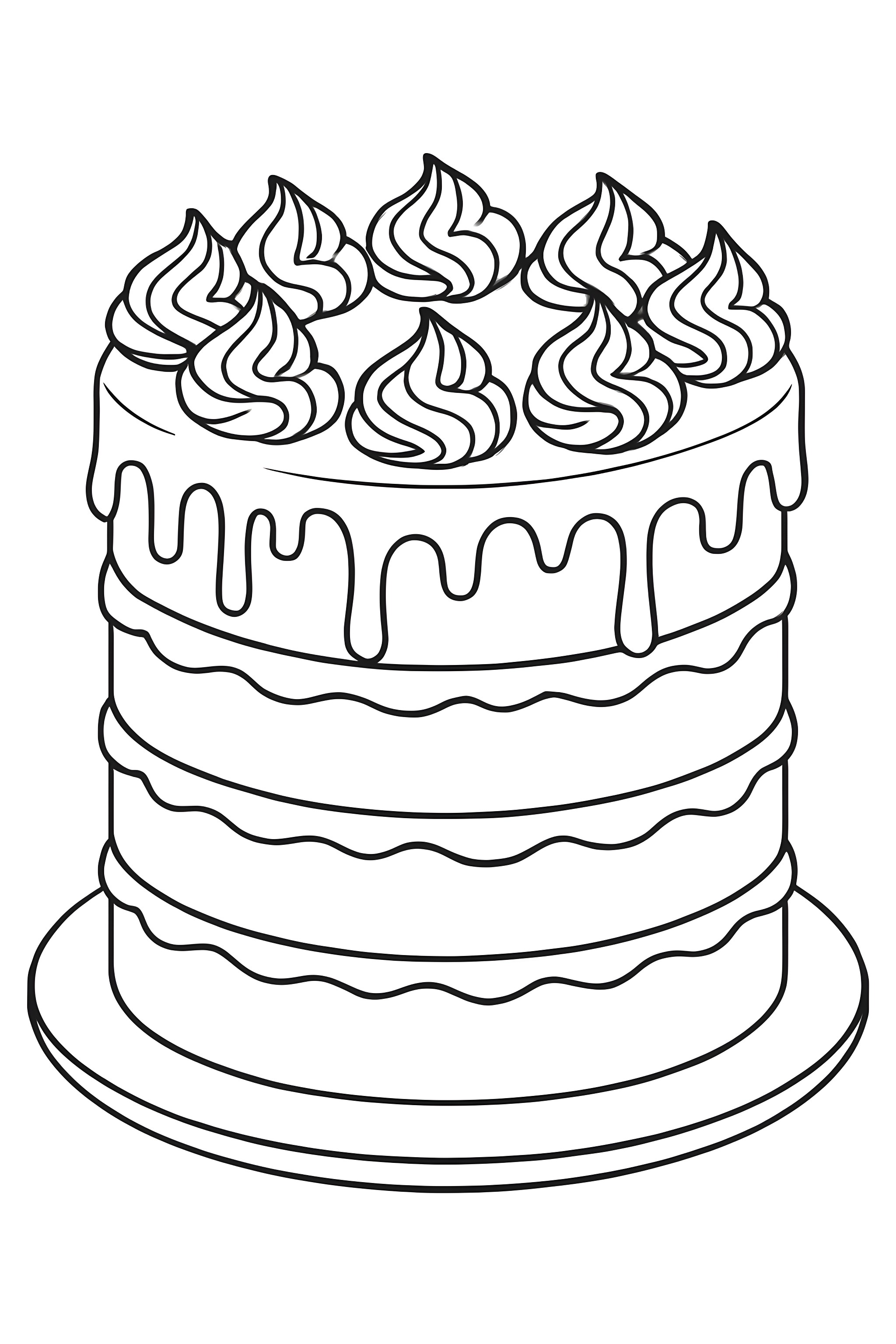 Coloring page of a stacked layer cake with chocolate drip and decorative swirls on top