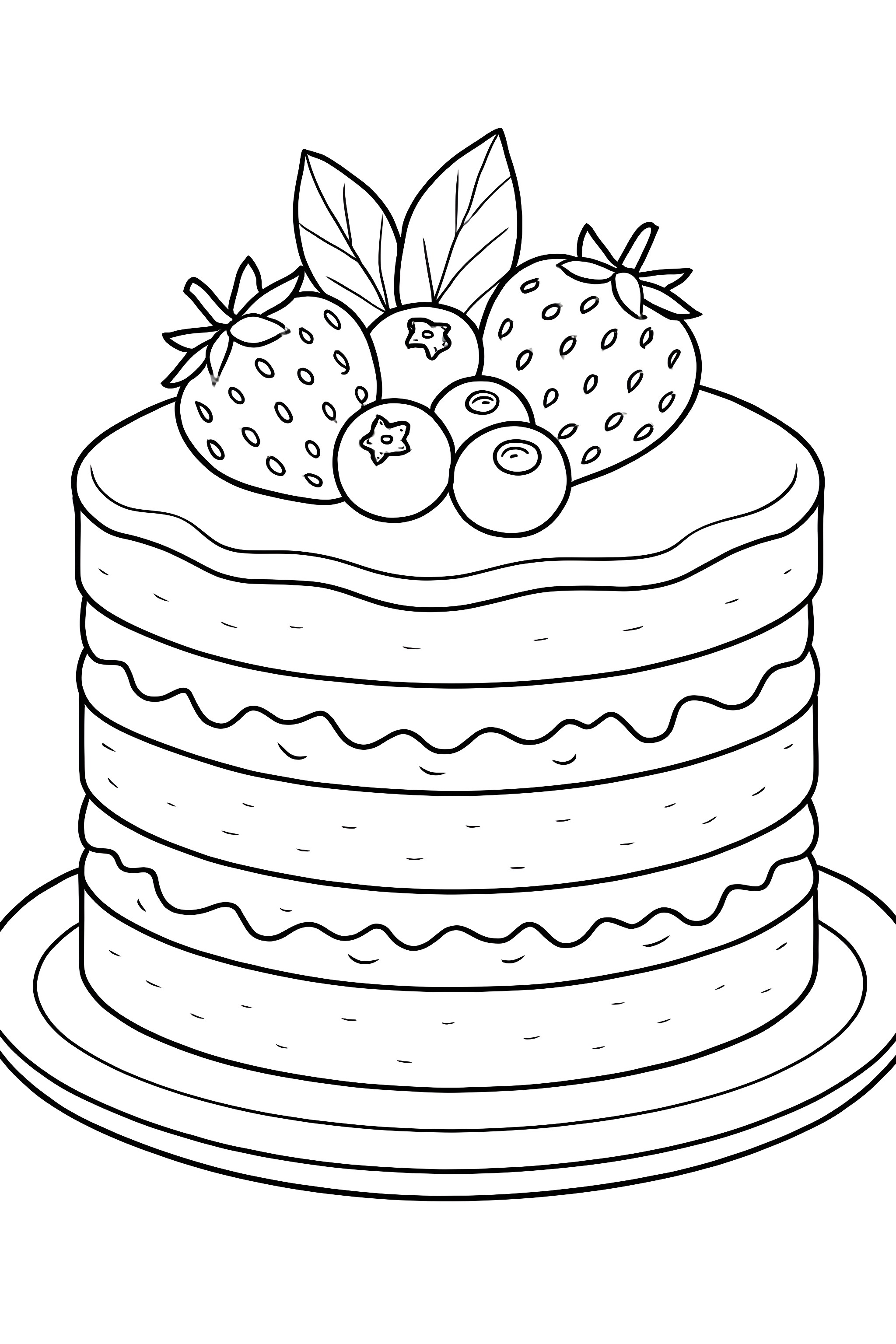 Coloring page of a layered sponge cake topped with strawberries, blueberries, and leaves on a decorative plate