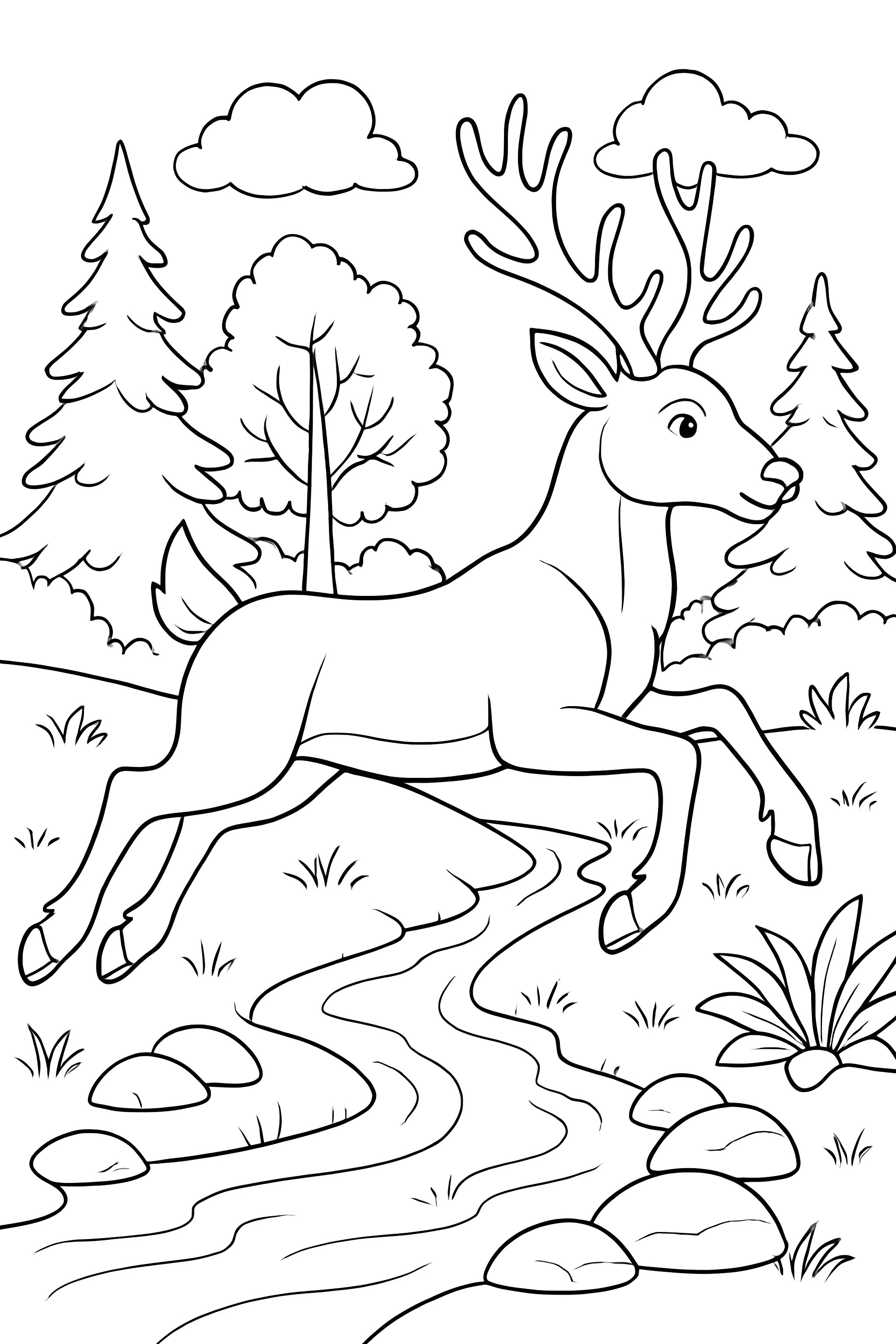 A reindeer mid-air leap over a small brook with trees and rocks in the background