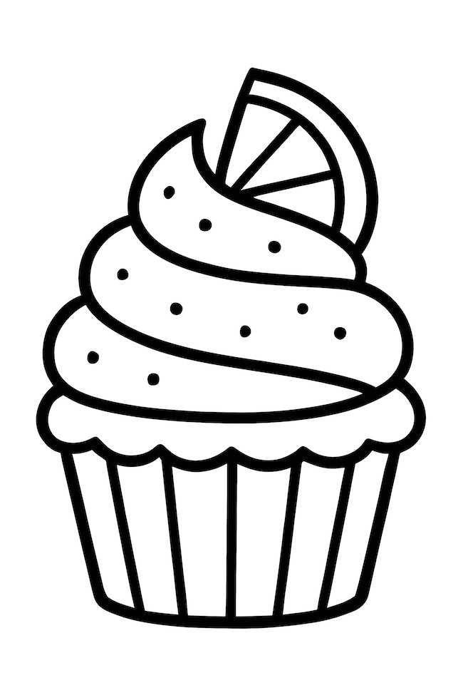Coloring page of a lemon cupcake topped with swirled frosting and a slice of lemon