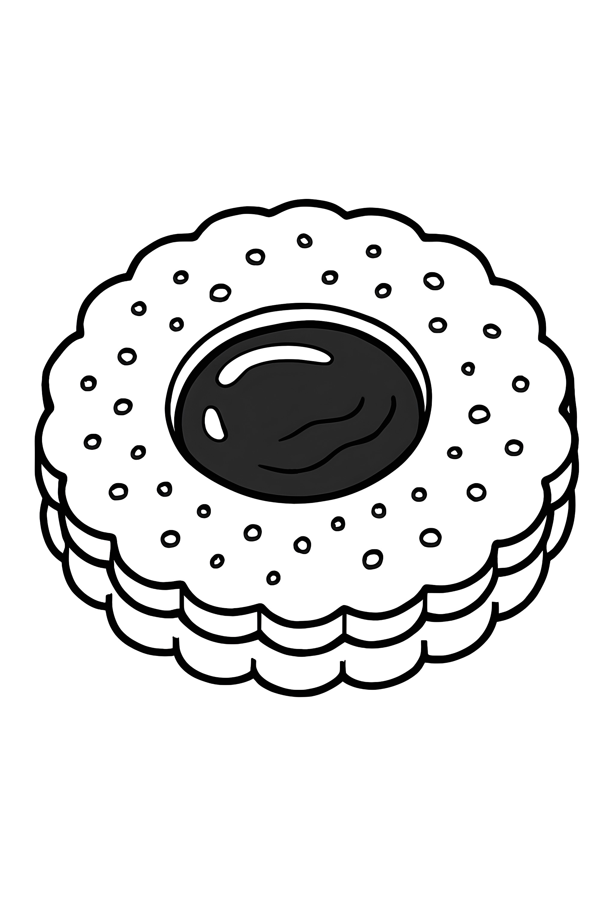 Coloring page of a Linzer cookie featuring a jam-filled center and a scalloped edge, surrounded by dotted decoration