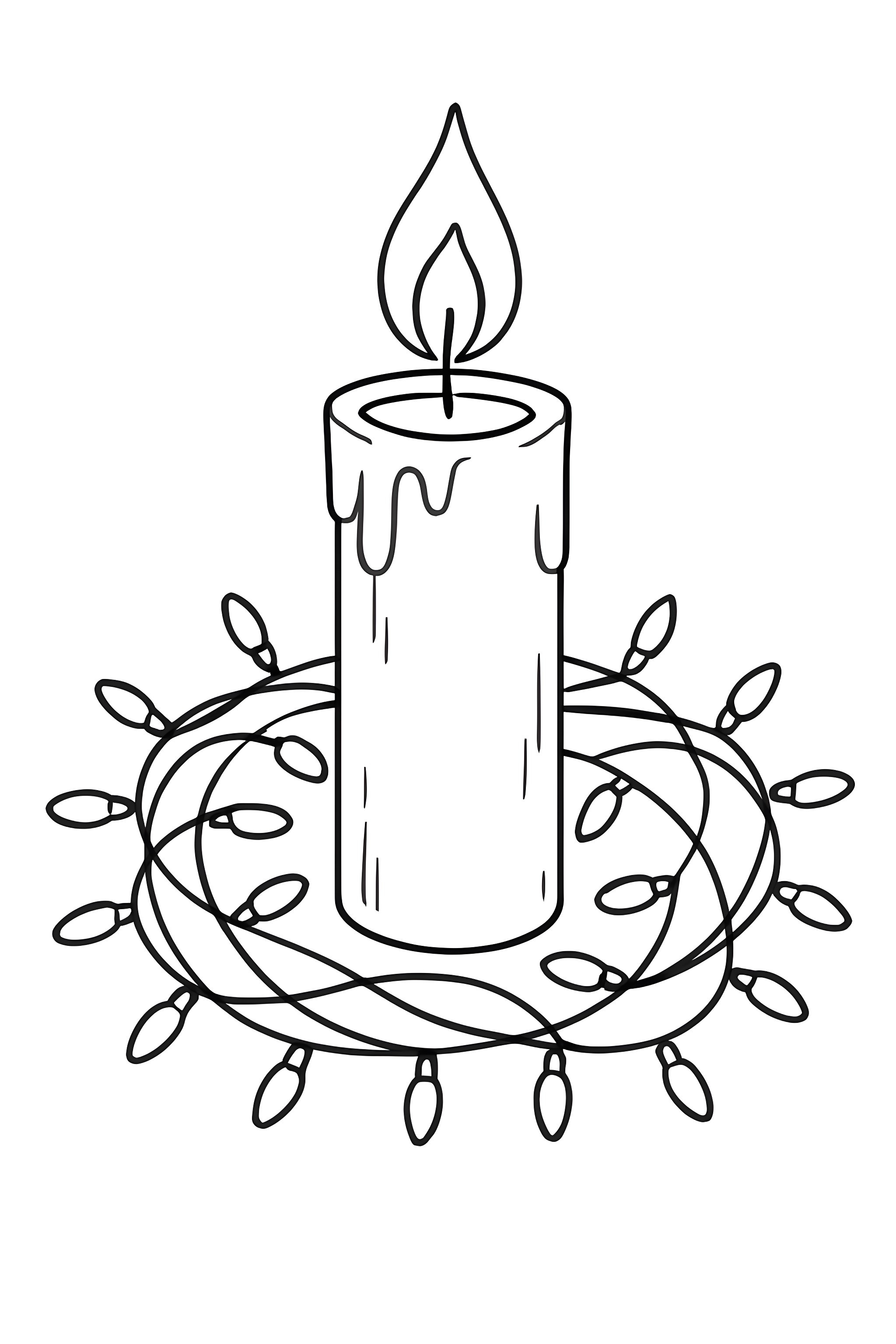 A lit candle dripping wax, surrounded by a circular arrangement of tiny Christmas lights