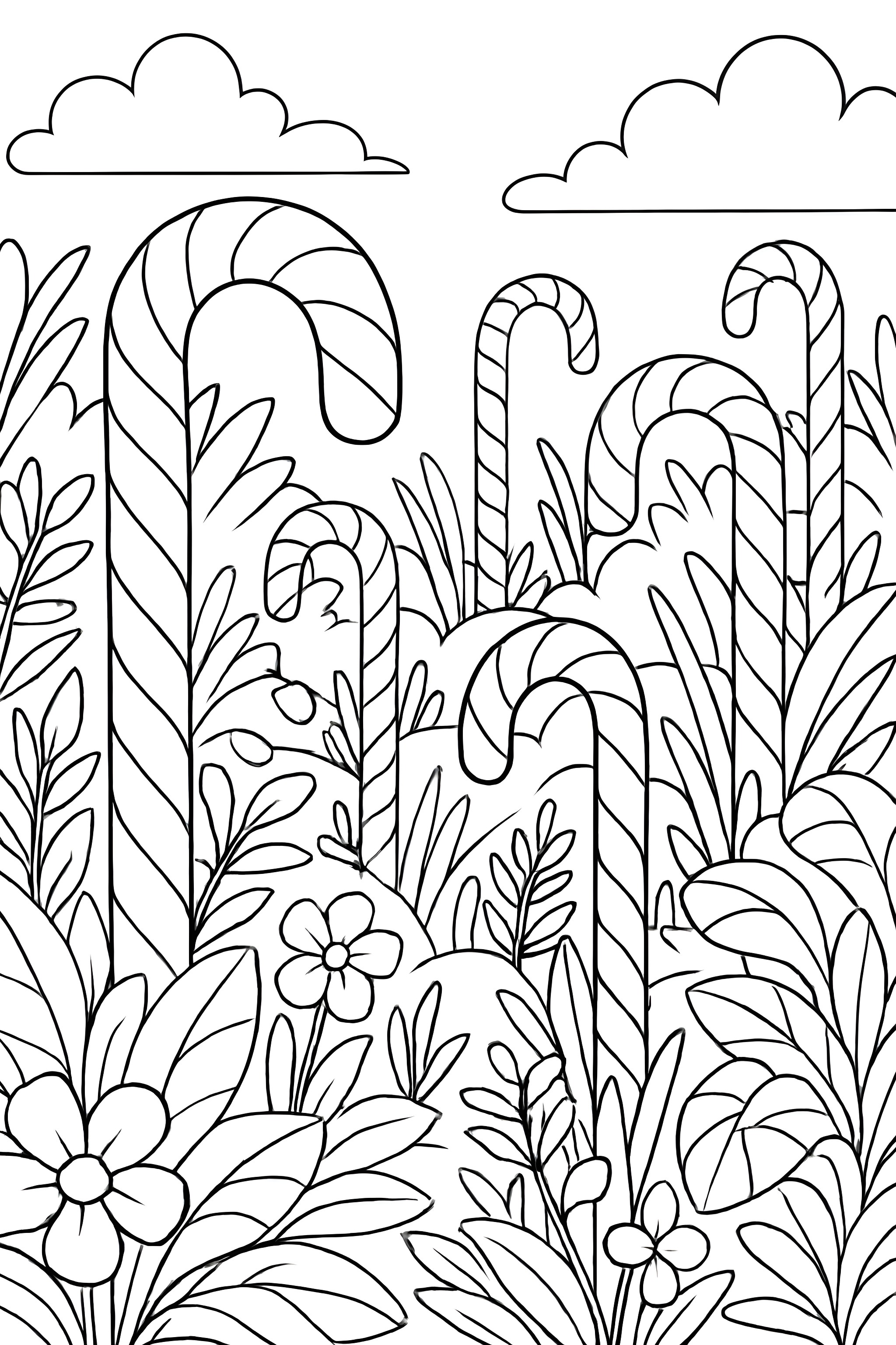 Coloring page depicting a vibrant garden filled with colorful candy canes surrounded by flowers and foliage under a cloudy sky