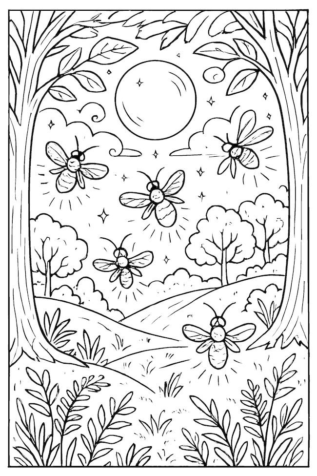 Coloring page featuring fireflies illuminating a forest at night under a full moon, with trees and bushes throughout the scene