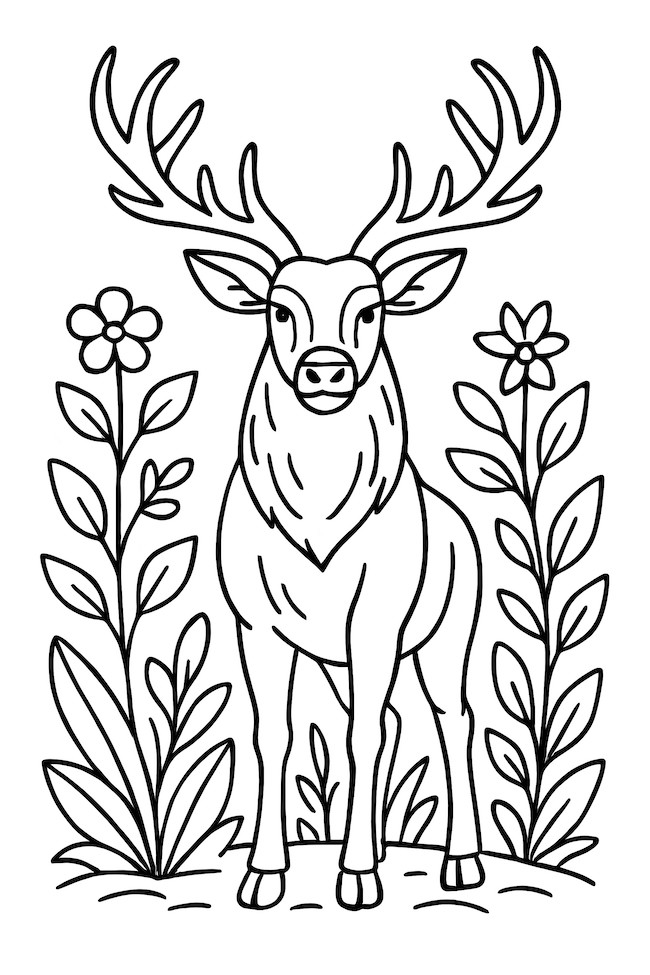 Coloring page of a majestic stag with large antlers standing tall amidst flowers and foliage