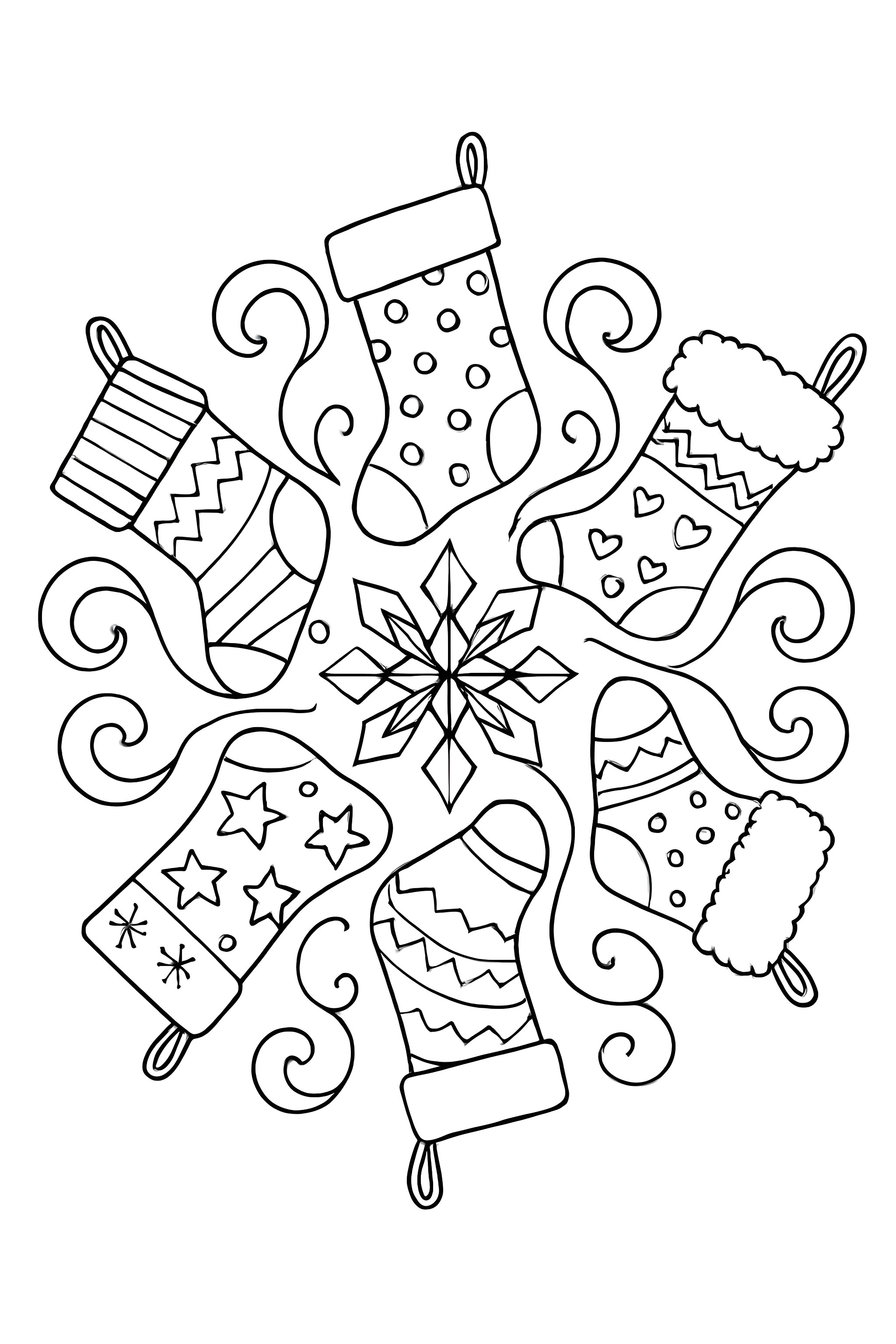 Christmas stockings arranged in a circular mandala design with various patterns and accents