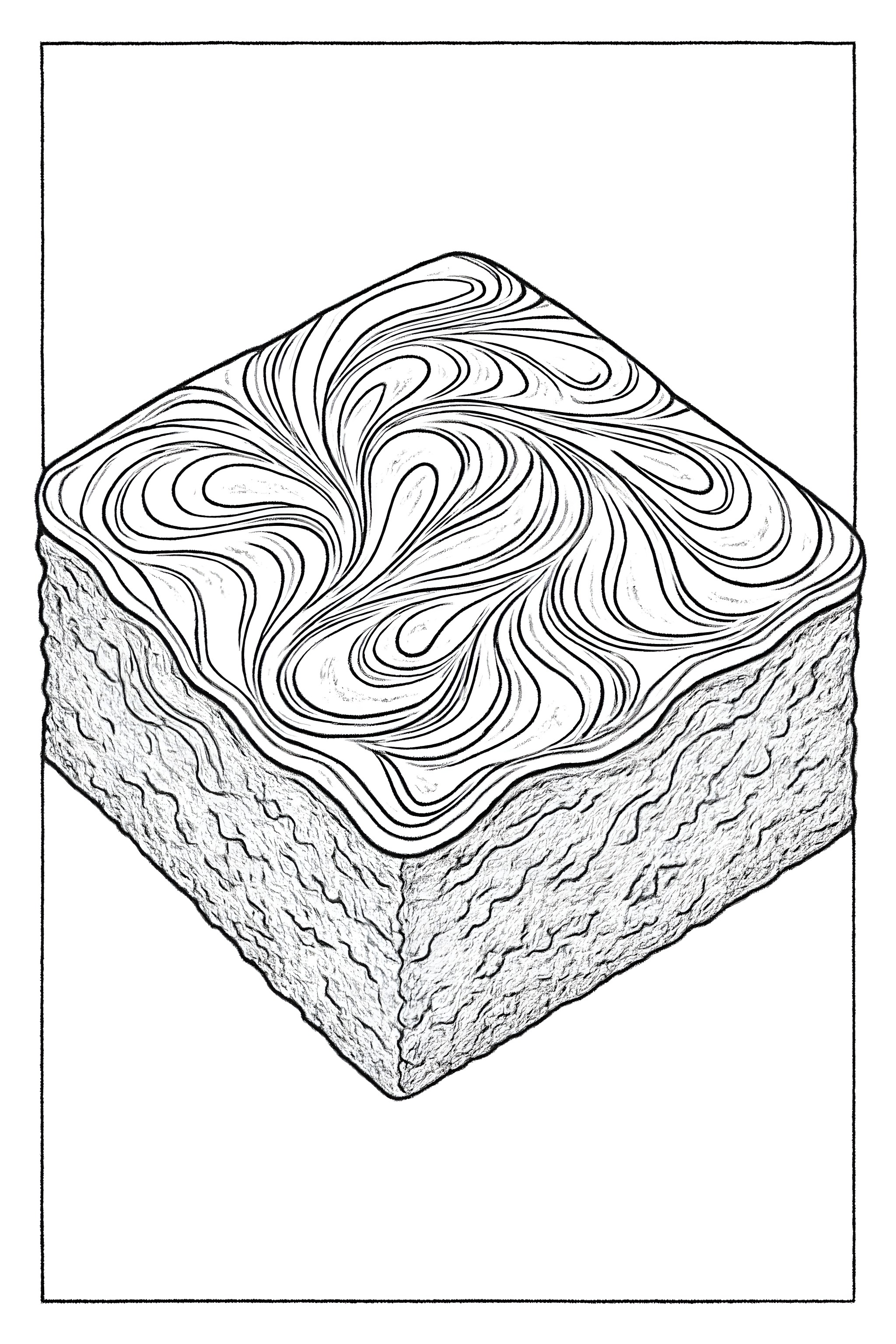 Coloring page of a square brownie featuring thick, marbled chocolate frosting on top with swirling patterns