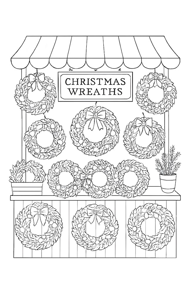 Market stall showcasing an array of Christmas wreaths on display, with a sign reading 'CHRISTMAS WREATHS' above.