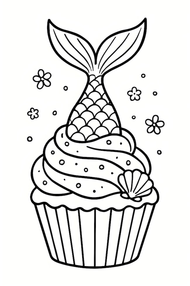 Coloring page featuring a cupcake topped with a mermaid tail, decorated with swirls and stars