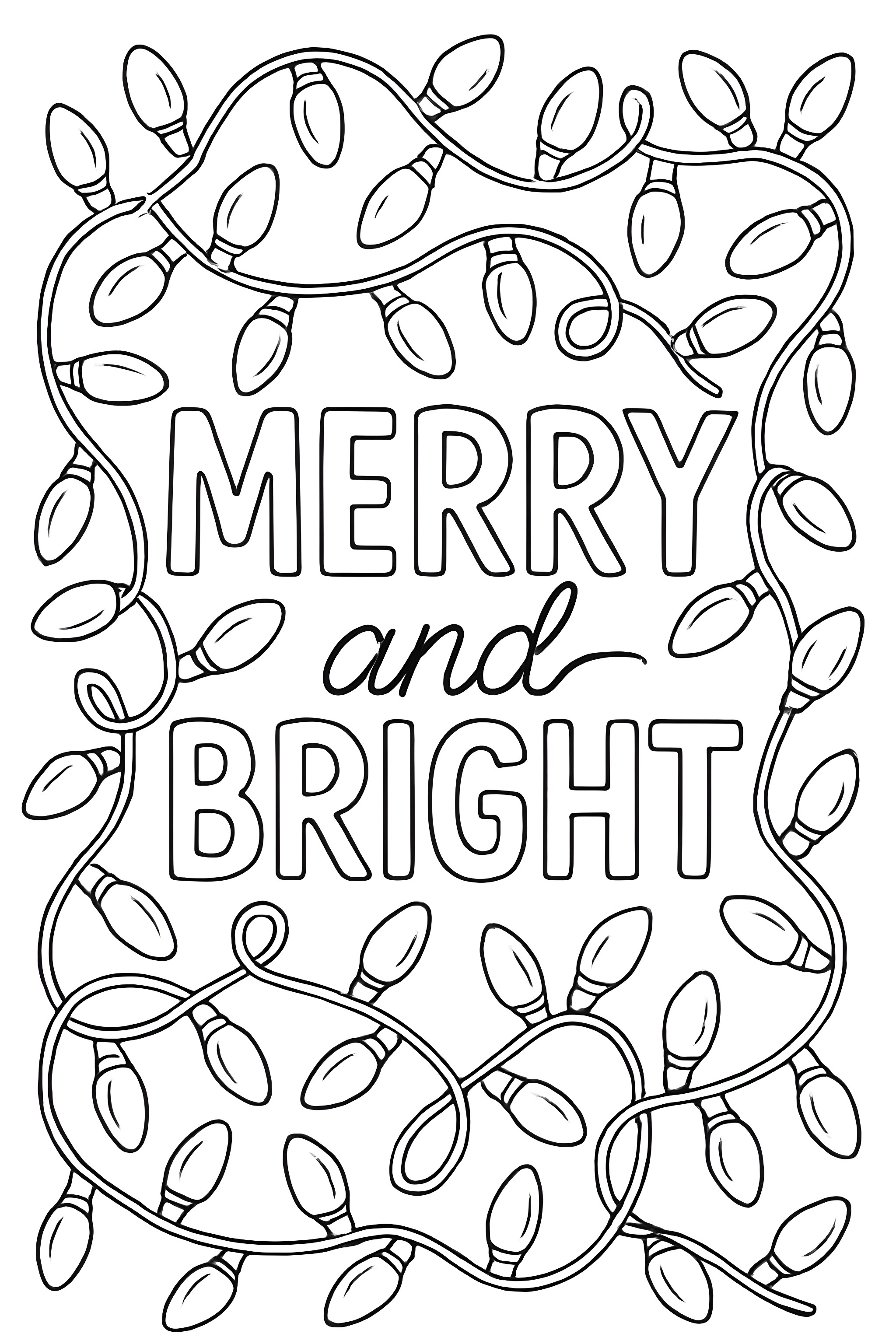 Coloring page featuring the text 'Merry and Bright' surrounded by decorative Christmas lights