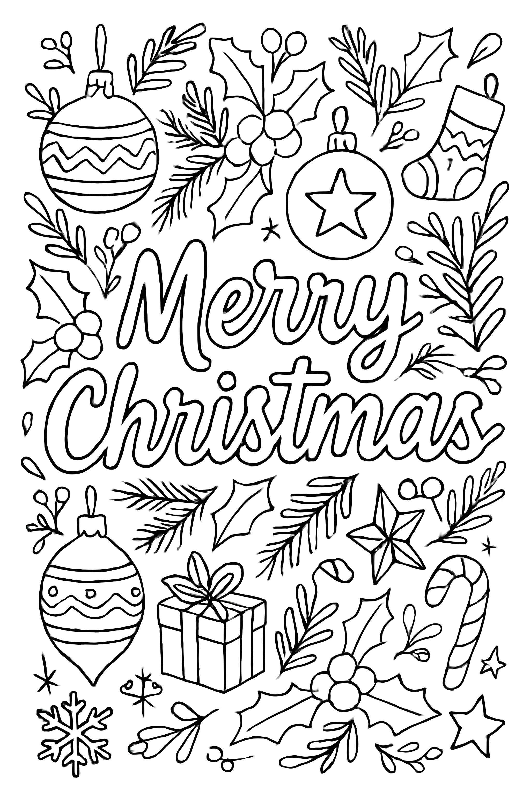 Coloring page featuring 'Merry Christmas' text, ornaments, holly leaves, a candy cane, and a gift box