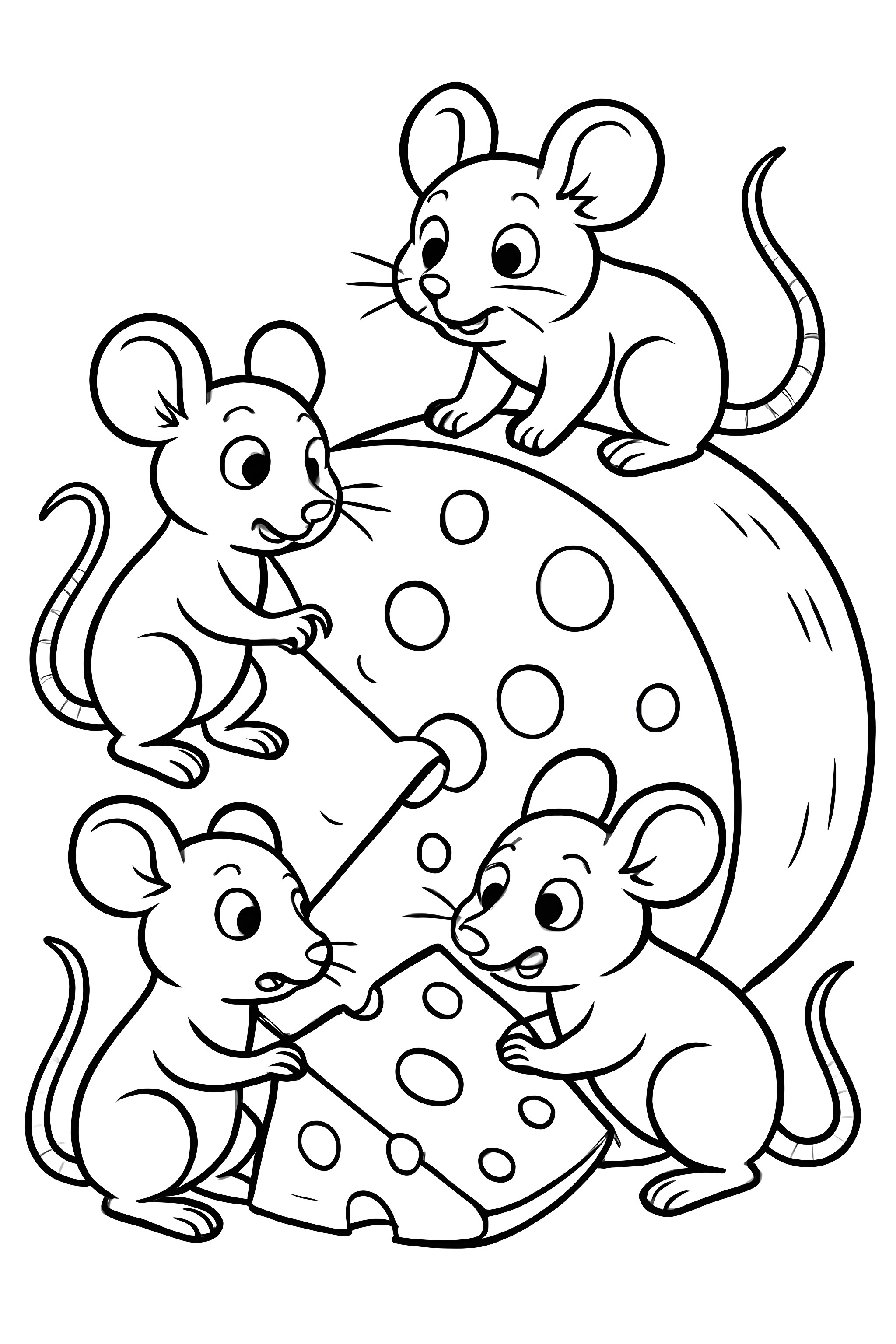 Four mice collaborating to take cheese from a large cheese wheel with holes