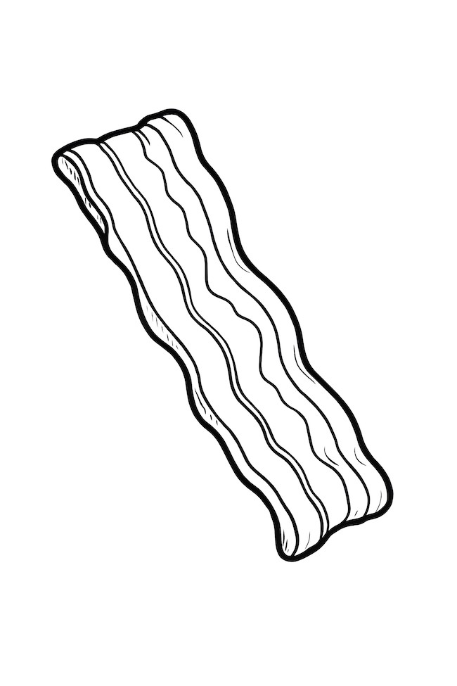 Coloring page of a realistic slice of bacon suspended in mid-air with visible wavy texture and crispy edges