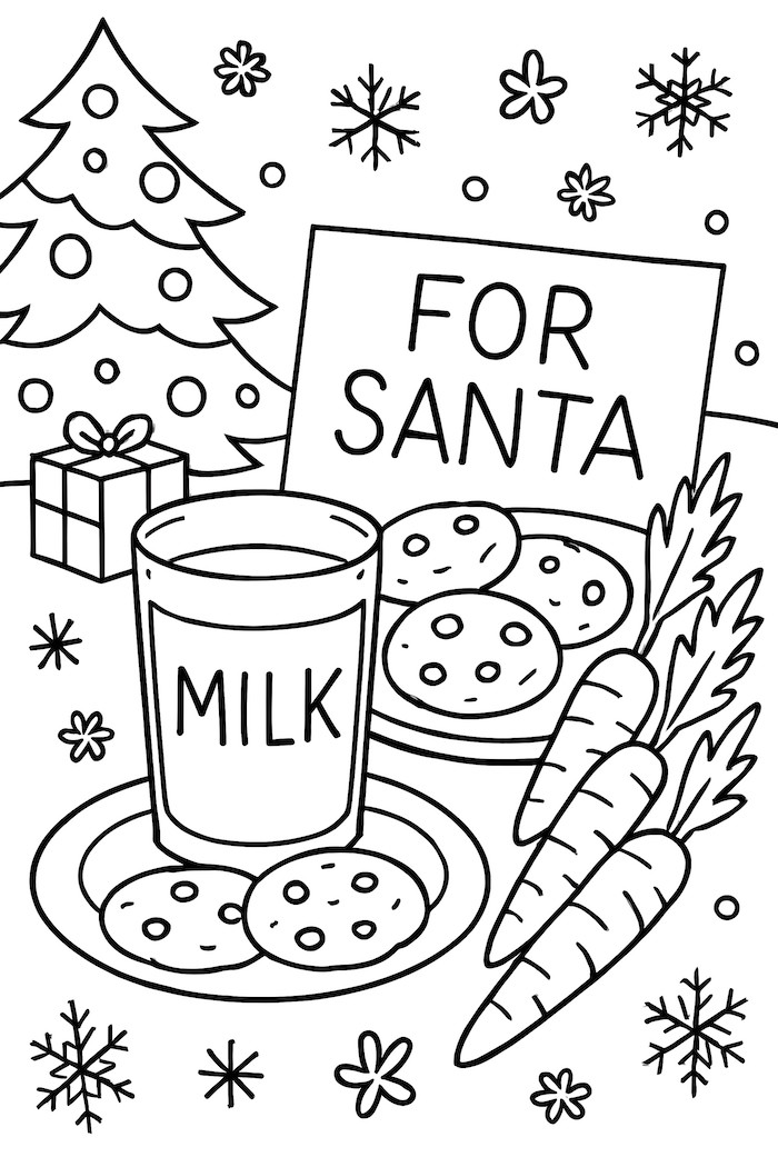 Coloring page featuring a glass of milk, a plate of cookies, and carrots for Santa with a Christmas tree and presents