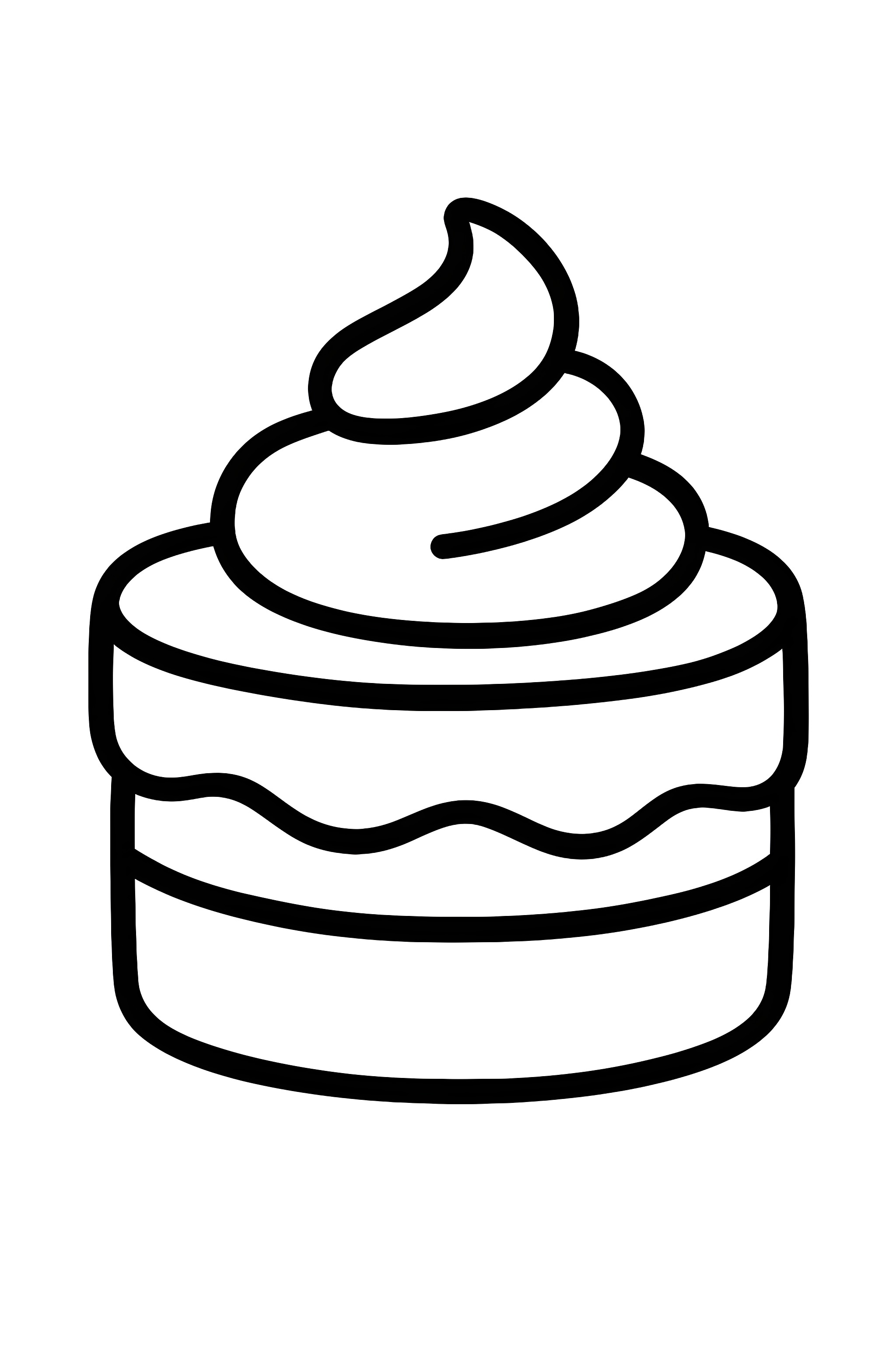 Coloring page of a mini cake topped with a layer of fresh cream and a decorative swirl