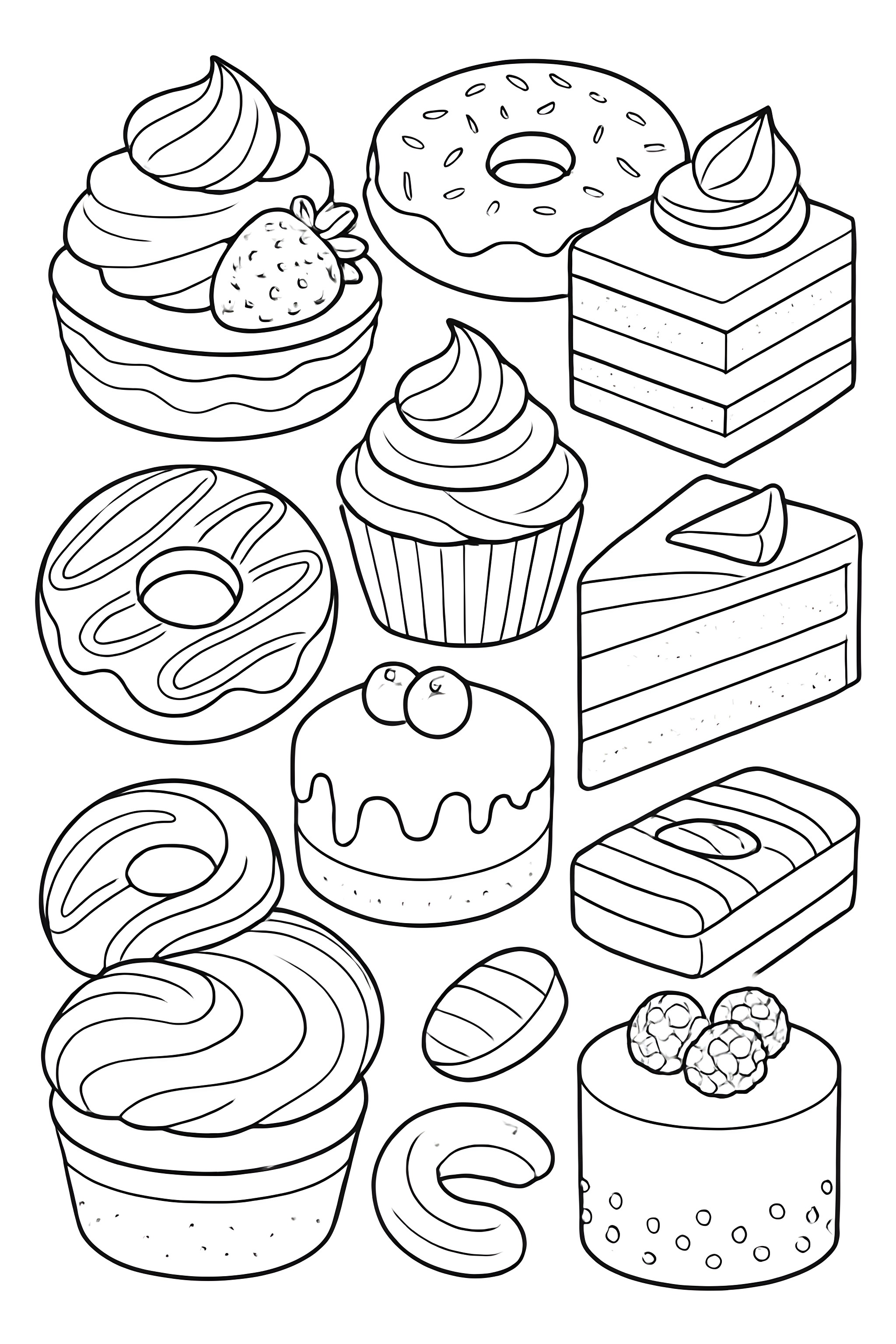 Coloring page featuring a variety of mini cakes, donuts, pastries, and cupcakes arranged together