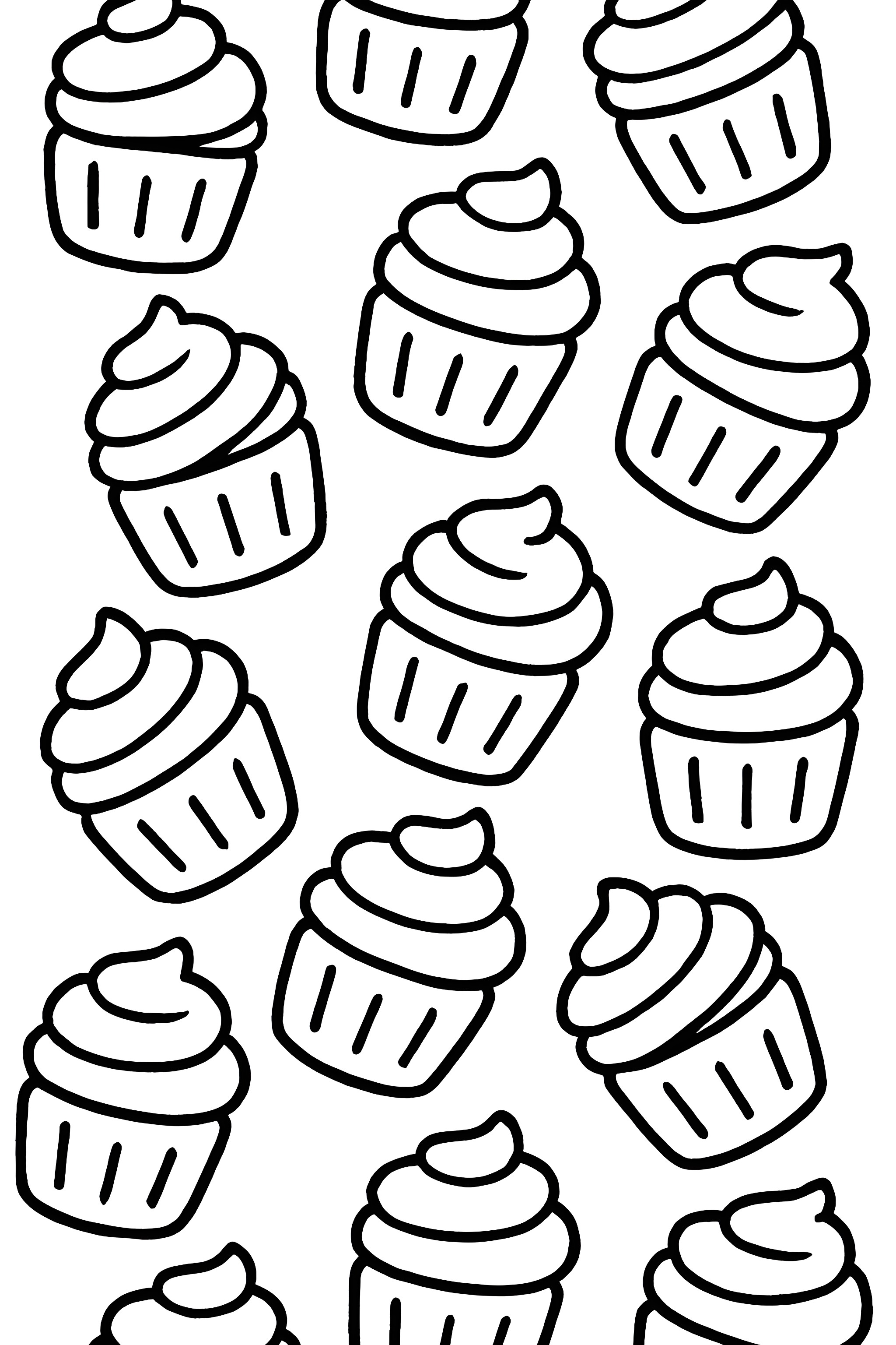 Coloring page featuring a diagonal arrangement of mini cupcakes with swirled frosting and fluted wrappers