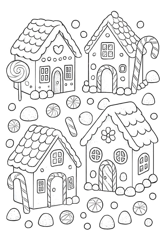 Coloring page featuring four mini gingerbread houses decorated with candy, sweets, and lollipops